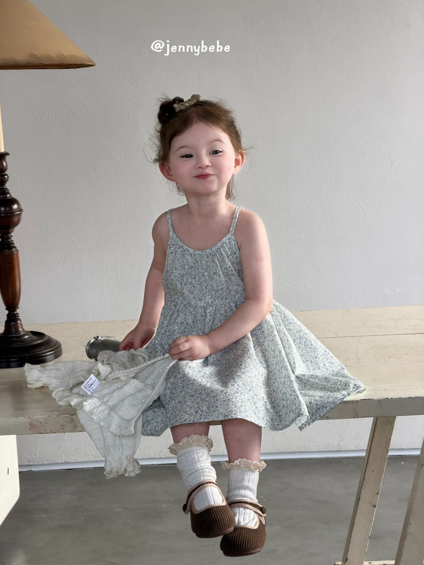 JE721｜(73-100cm) 天藍碎花細肩洋裝/壓紋開襟外套