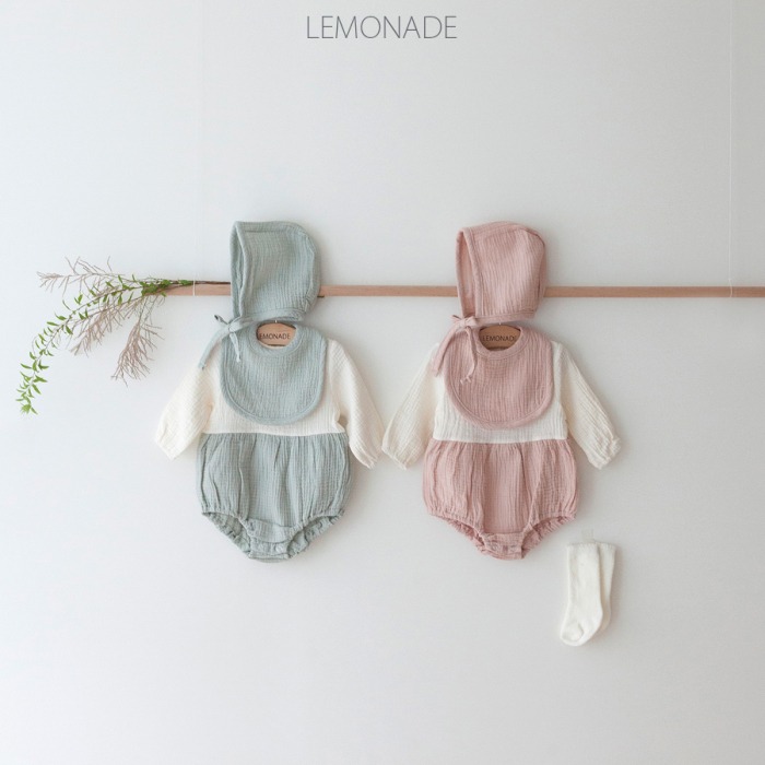 LEMONADE26｜(55cm-85cm) 2色撞色拼接包屁衣含帽子圍兜