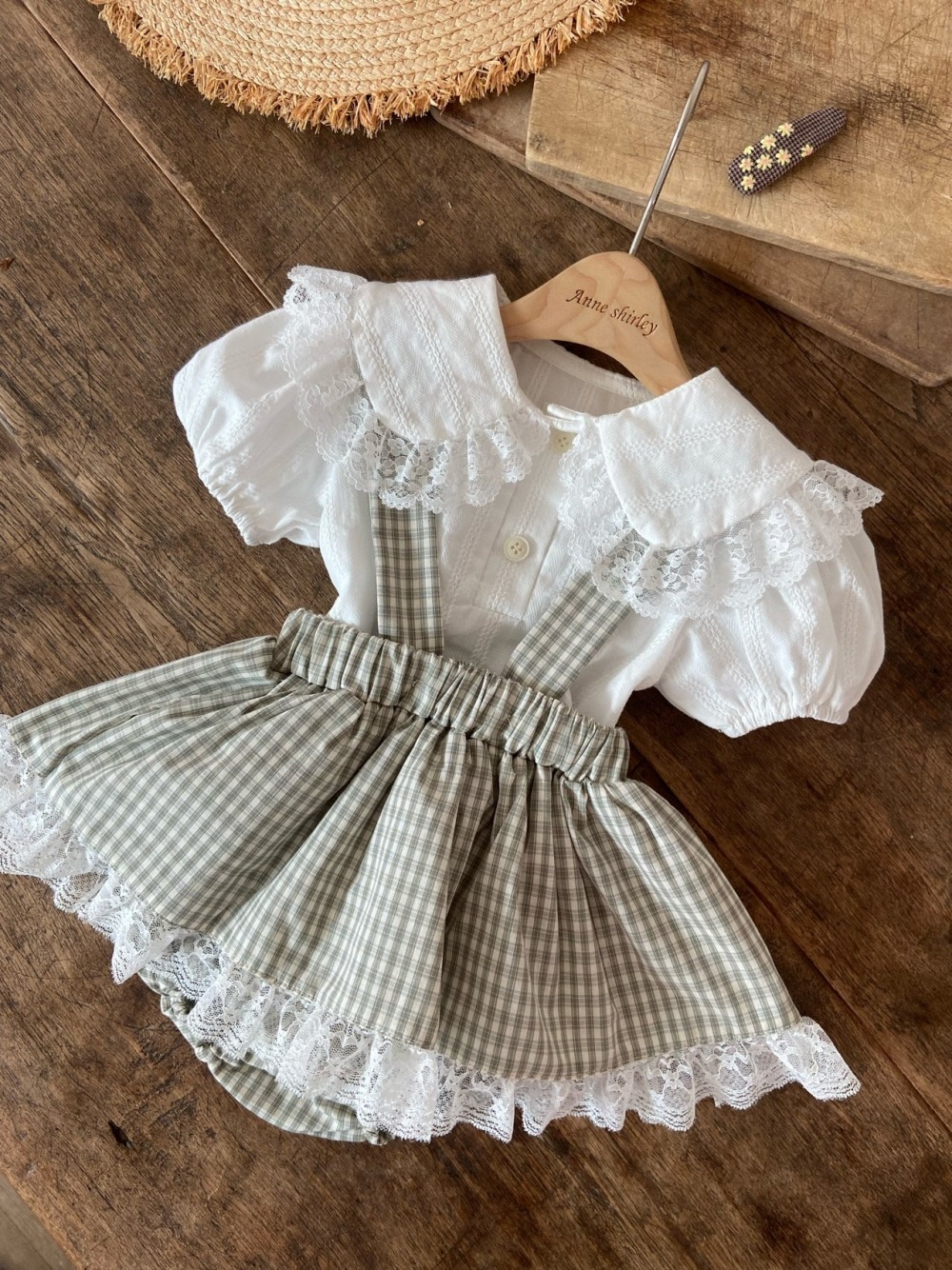 Anne Shirley16｜(3m-22m) 1色格紋蕾絲邊吊帶包屁裙