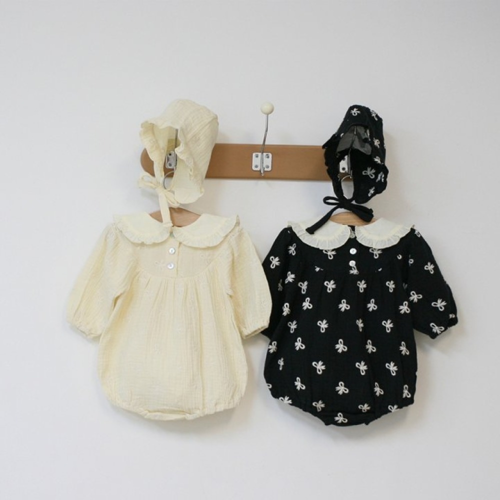 LEMONADE36｜(55cm-85cm) 2色蝴蝶結刺繡包屁衣含帽子