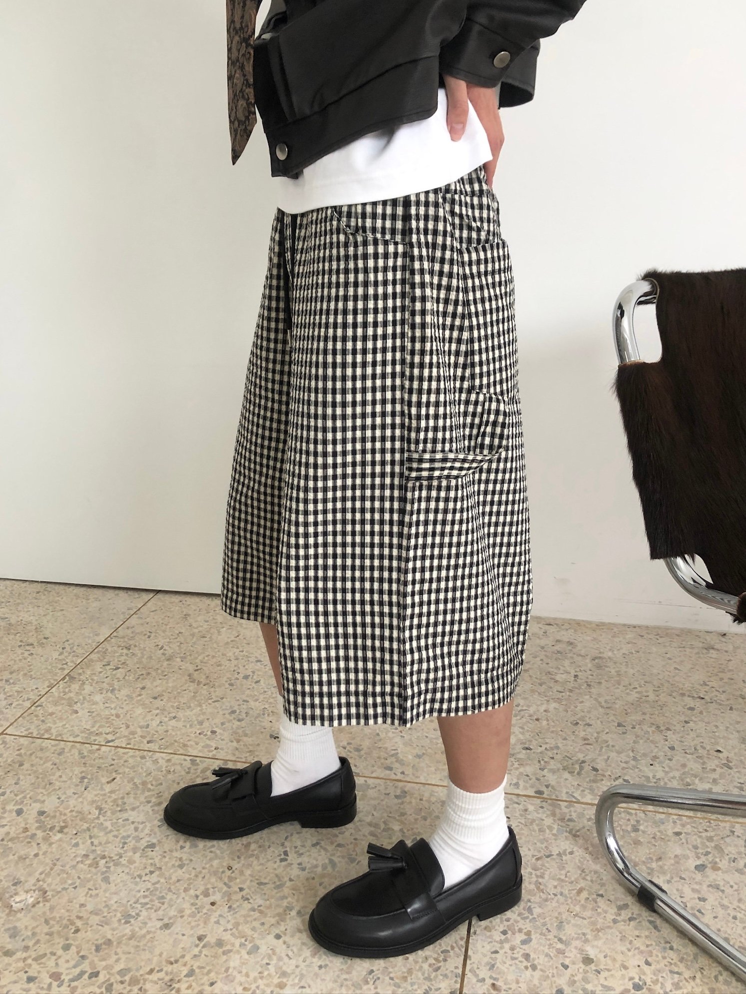 歐美街頭 經典格紋 百慕達 工裝 棉短褲 - 2C