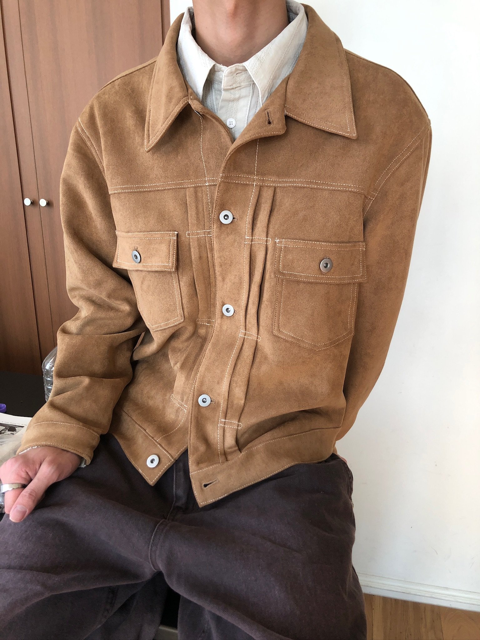 歐美經典款 美拉德 麂皮 微短版 皮夾克 - 4C