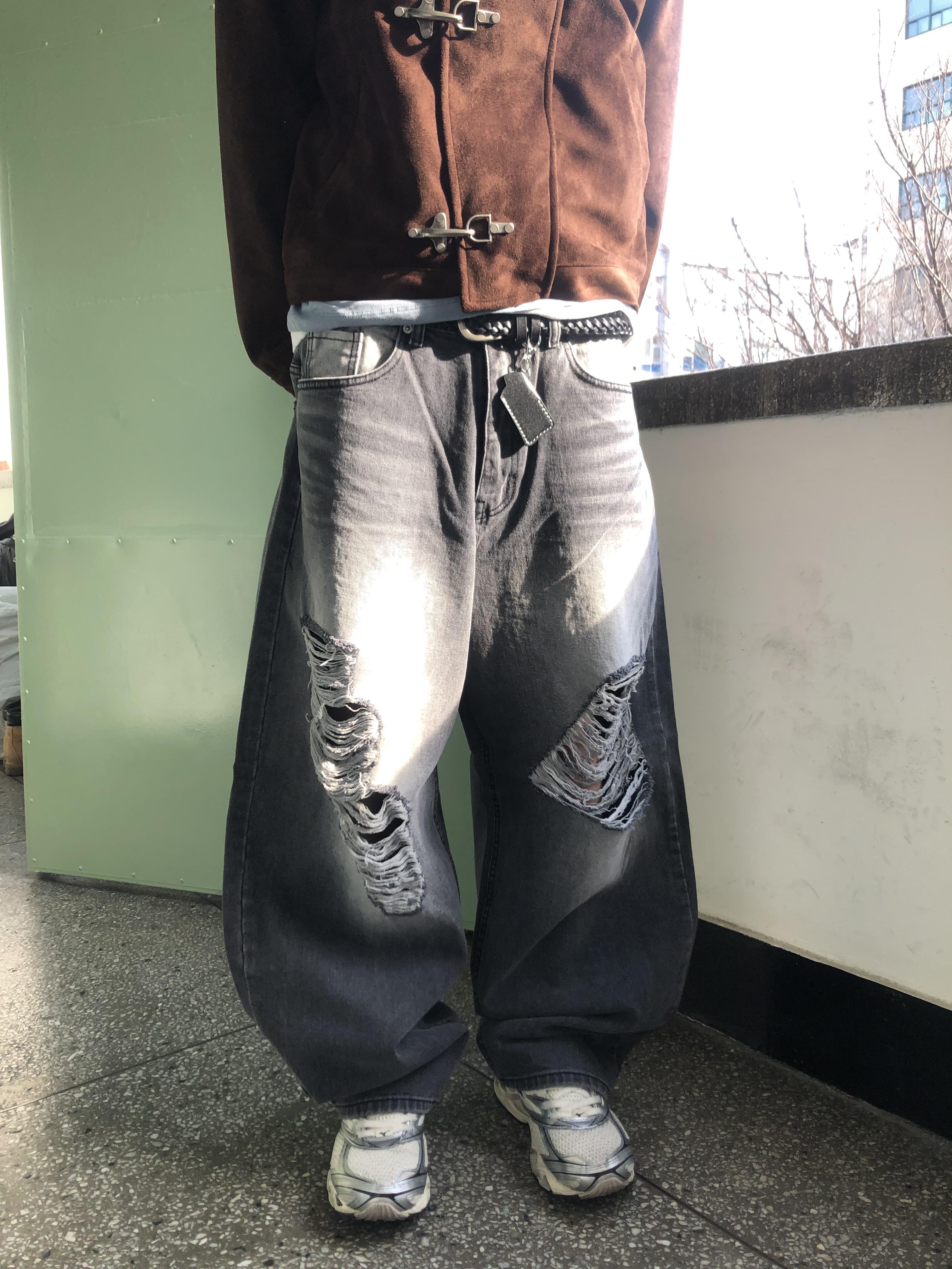高檔布料 漸層刷色 街頭破洞 牛仔寬褲 - 2C