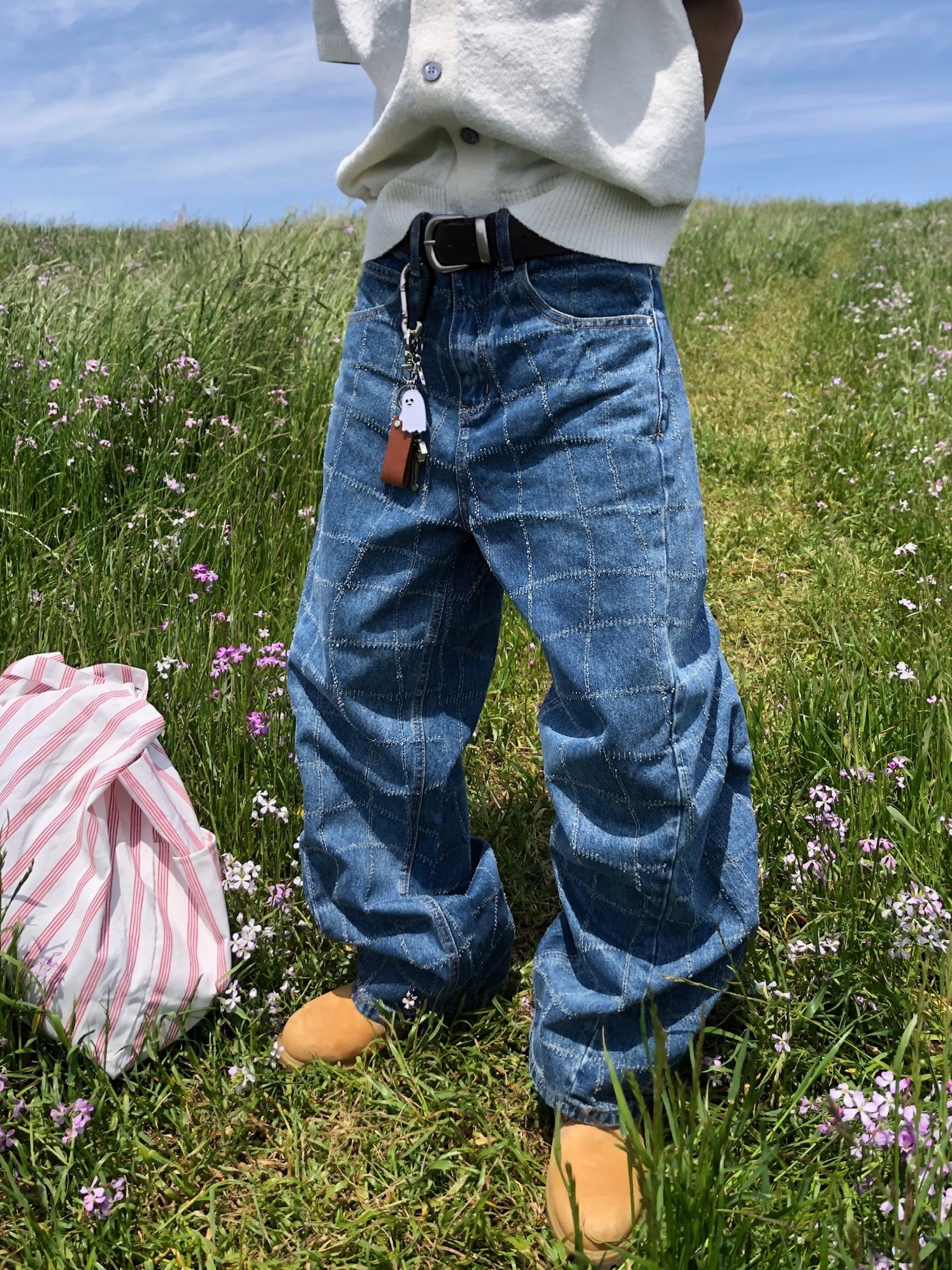 Baggy 牛津街頭 水波格紋 牛仔寬褲 - 1C