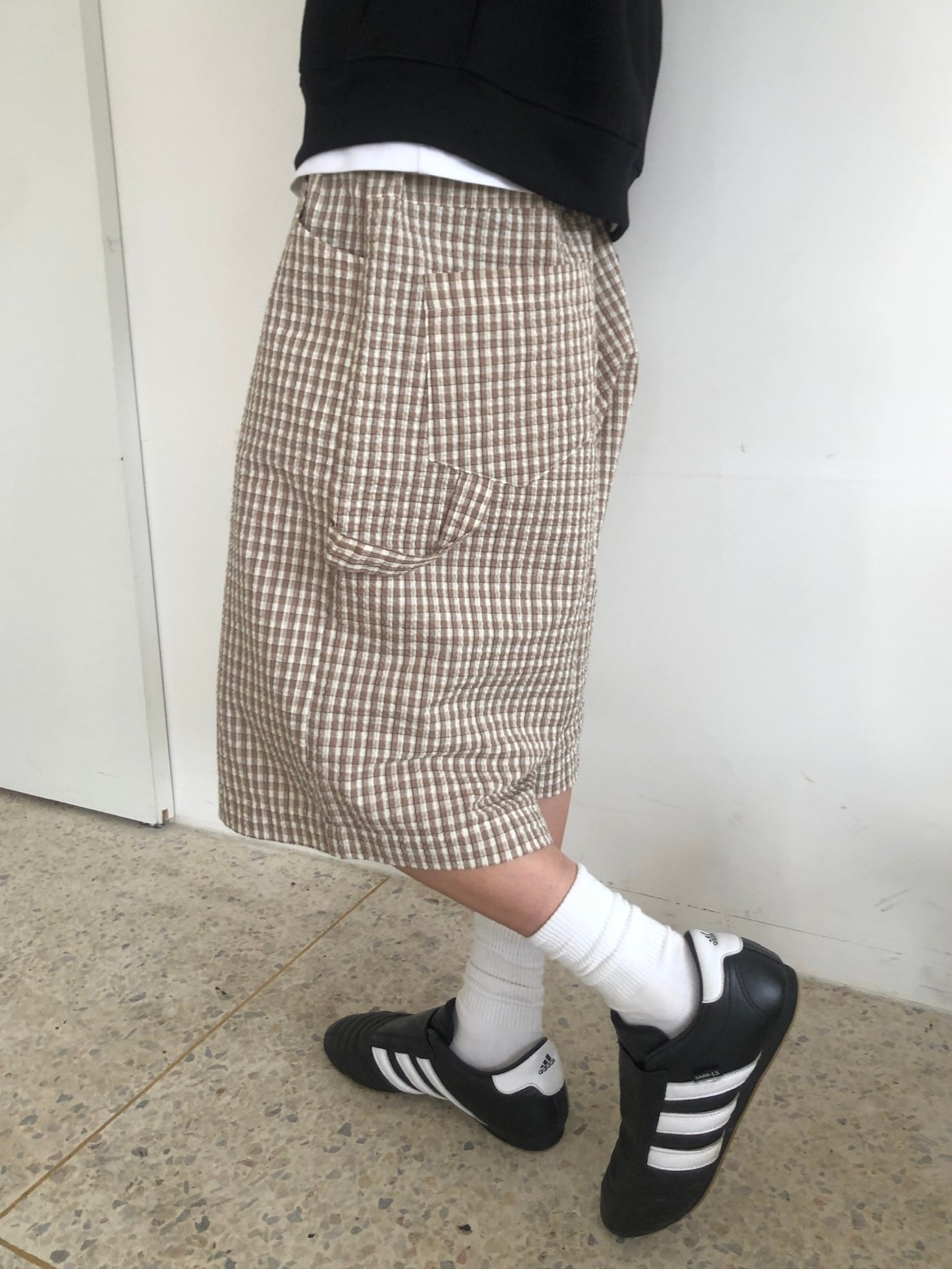 歐美街頭 經典格紋 百慕達 工裝 棉短褲 - 2C