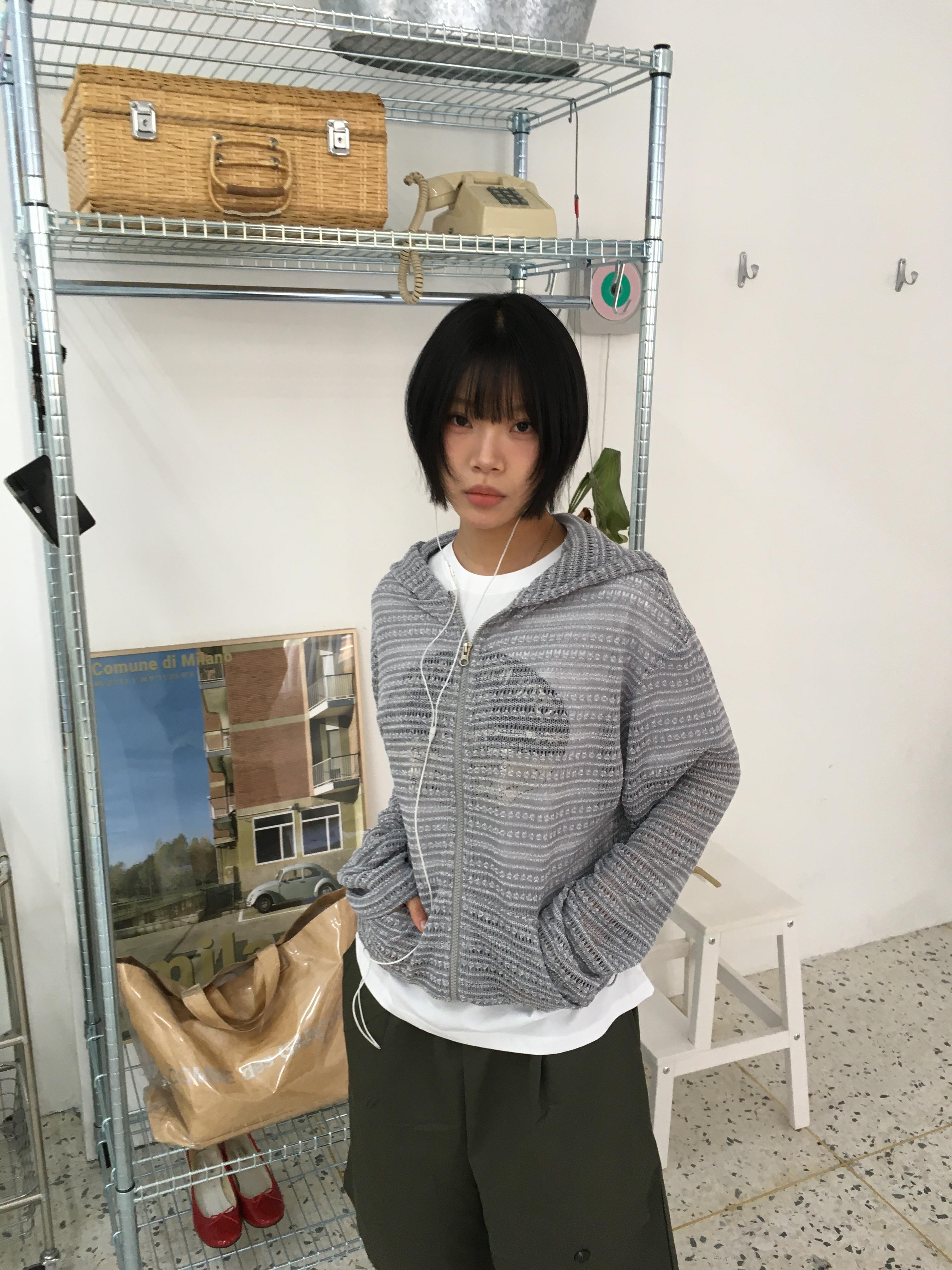 條紋針織 涼爽短版 夏季寬鬆 連帽外套 - 4C