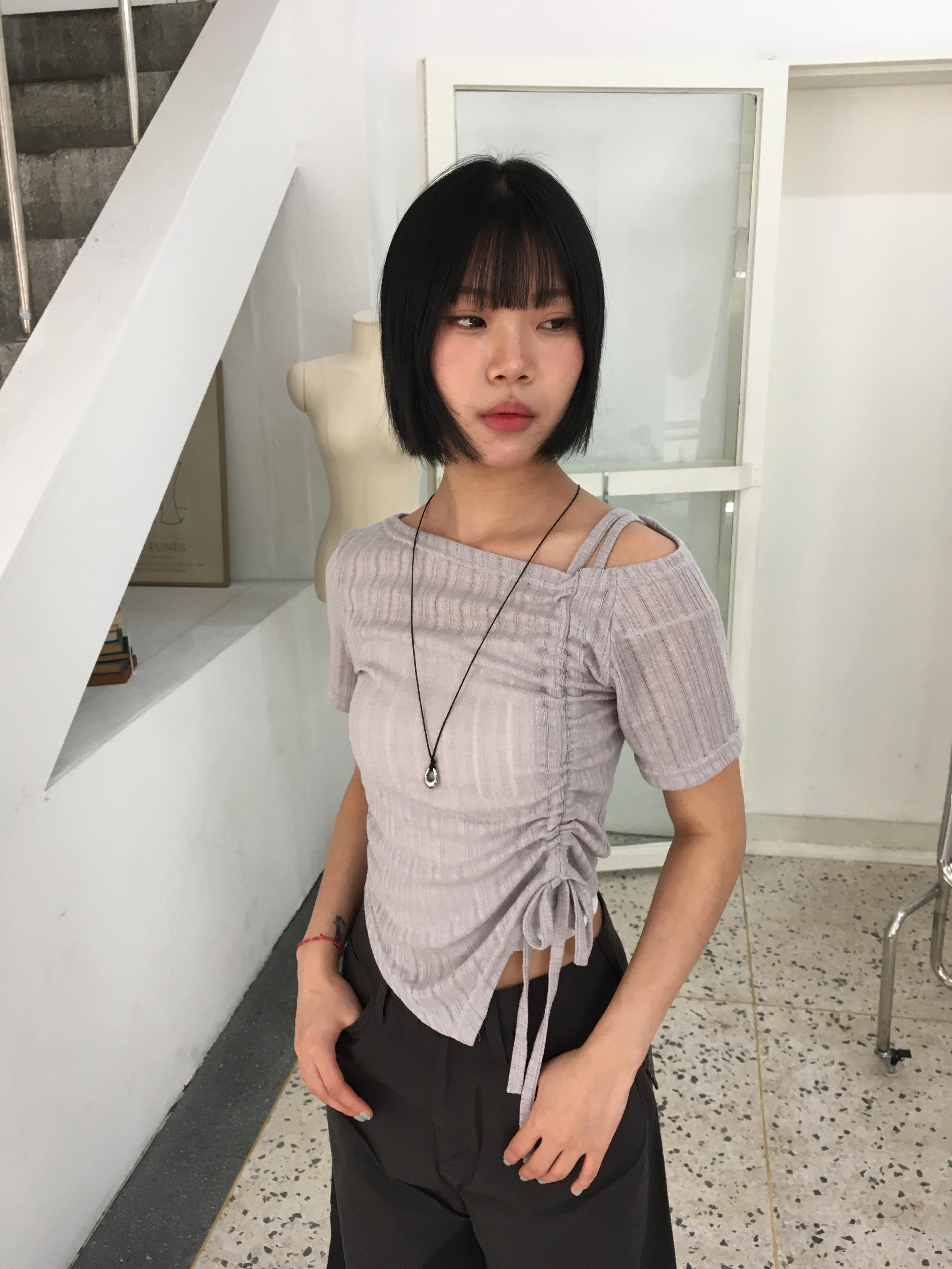 夏季薄紗 透視唯美 抽繩 針織 短袖 - 4C