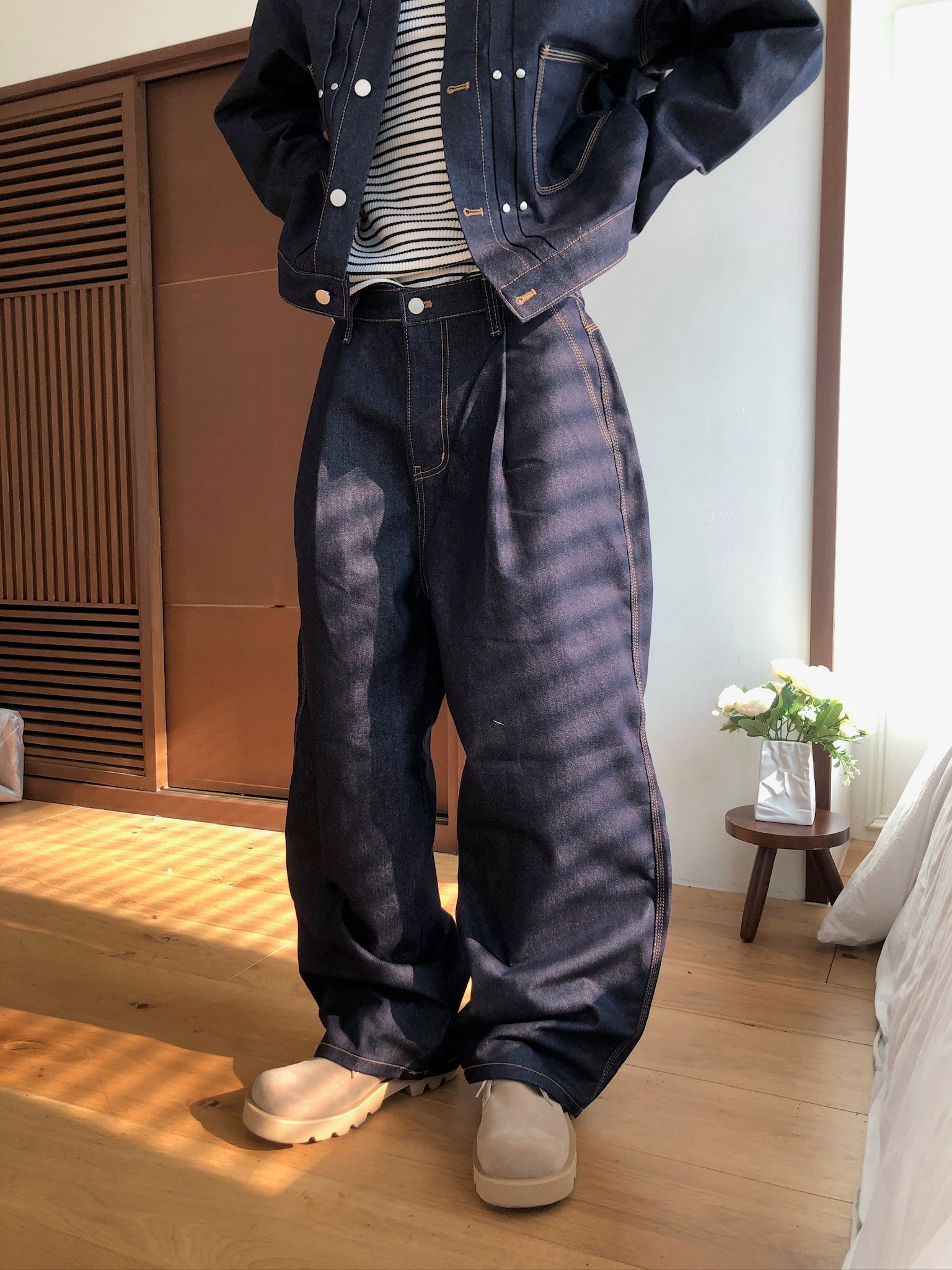 秋冬首選 單層褶皺 配色縫線 俐落 原牛寬褲 (set-up) - 2C