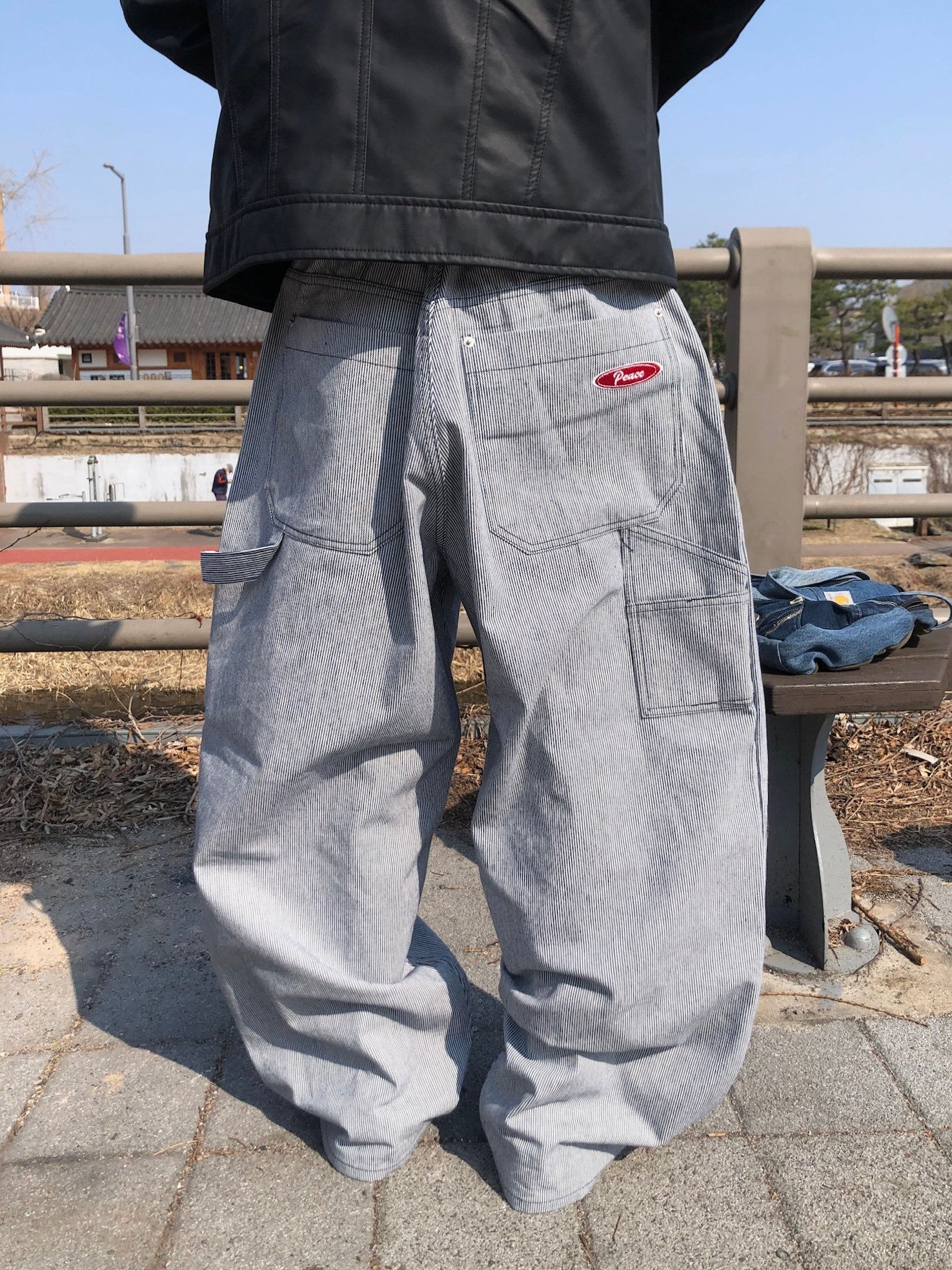 Peace 極簡主義 細條紋 工裝 牛仔寬褲 (set - up) - 2C