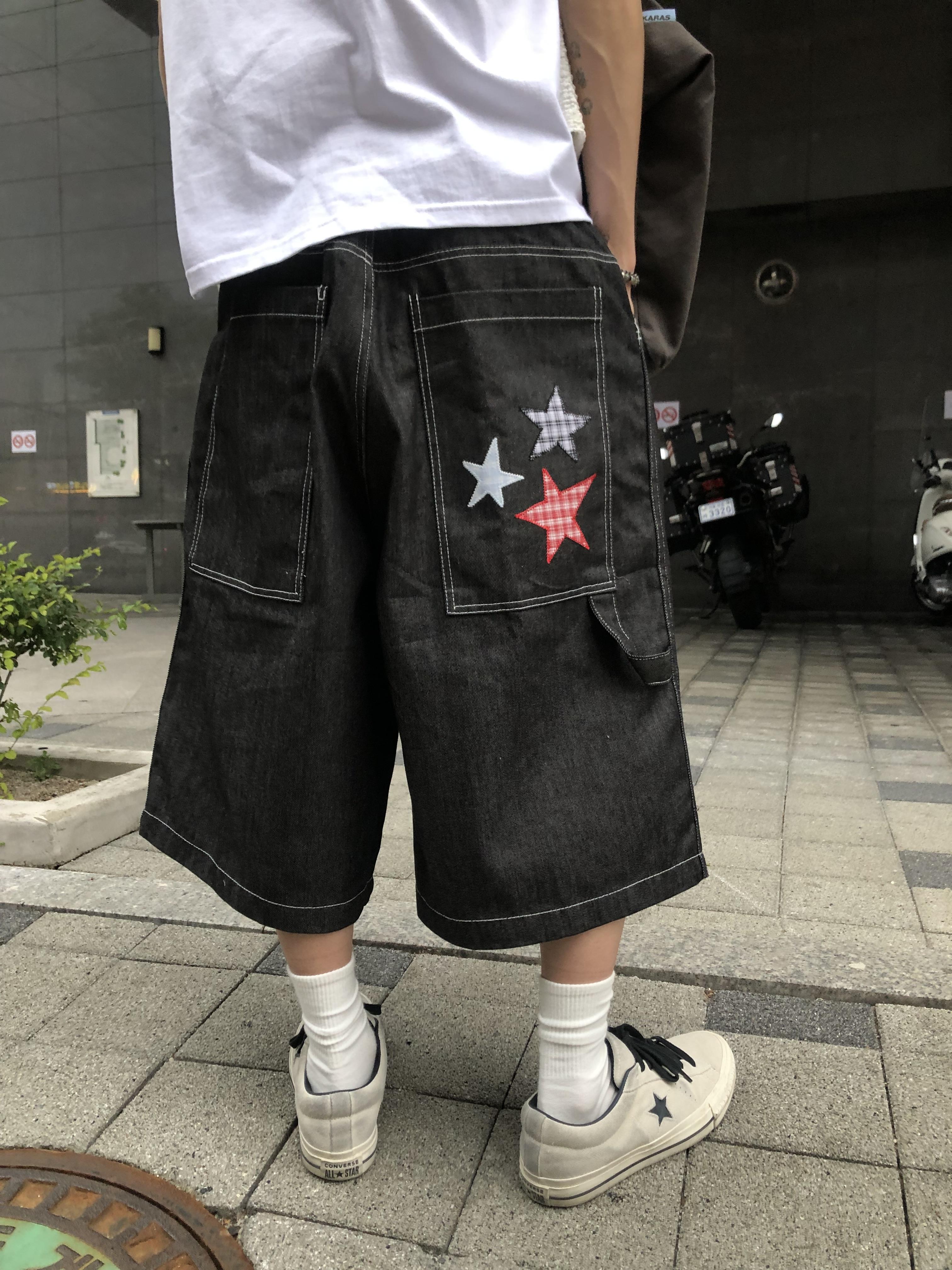 可愛街頭 星星 格紋刺繡 牛仔 7分短褲 - 1C