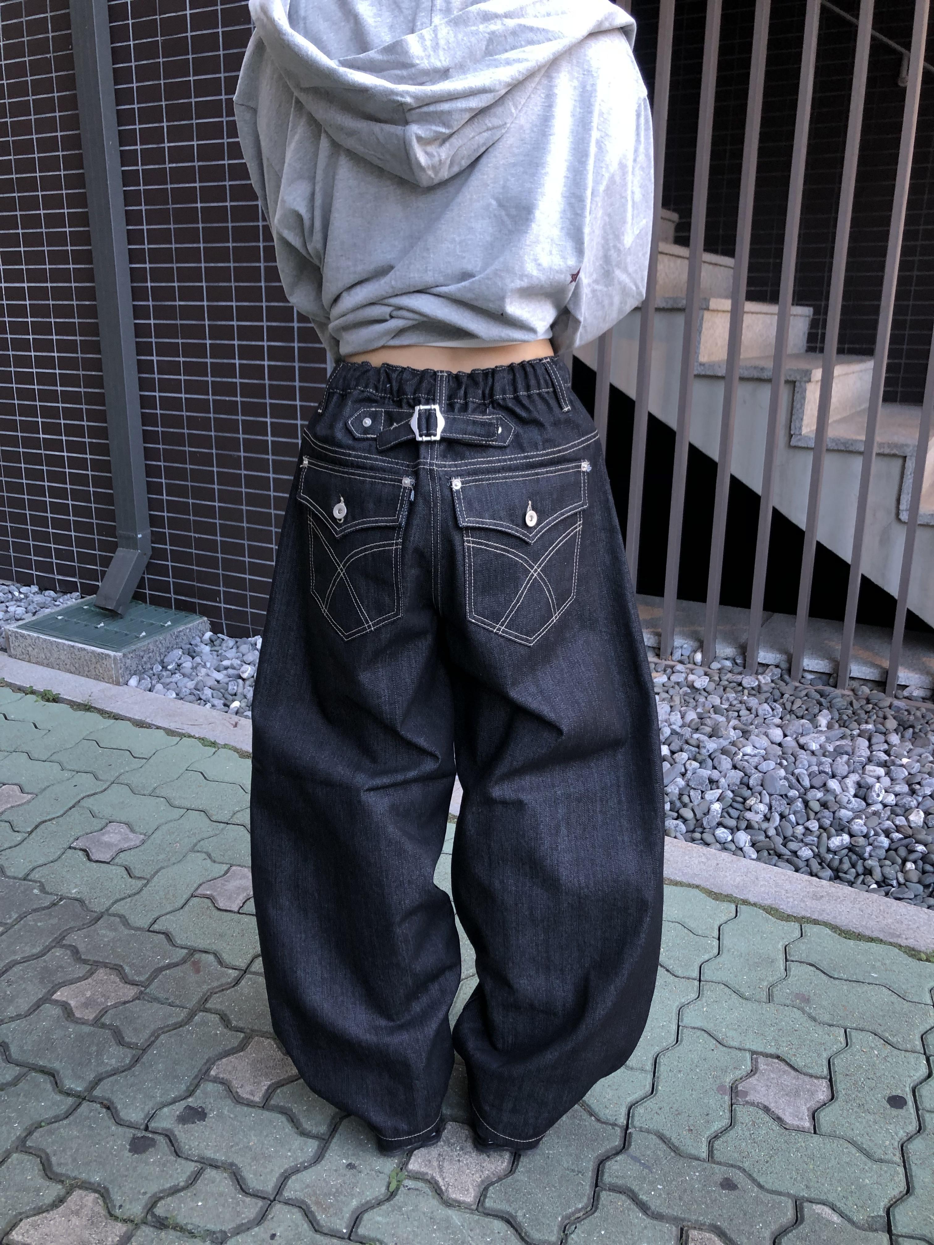 背影殺手 高檔縫線 鬆緊帶 寬版 牛仔長褲 - 3C
