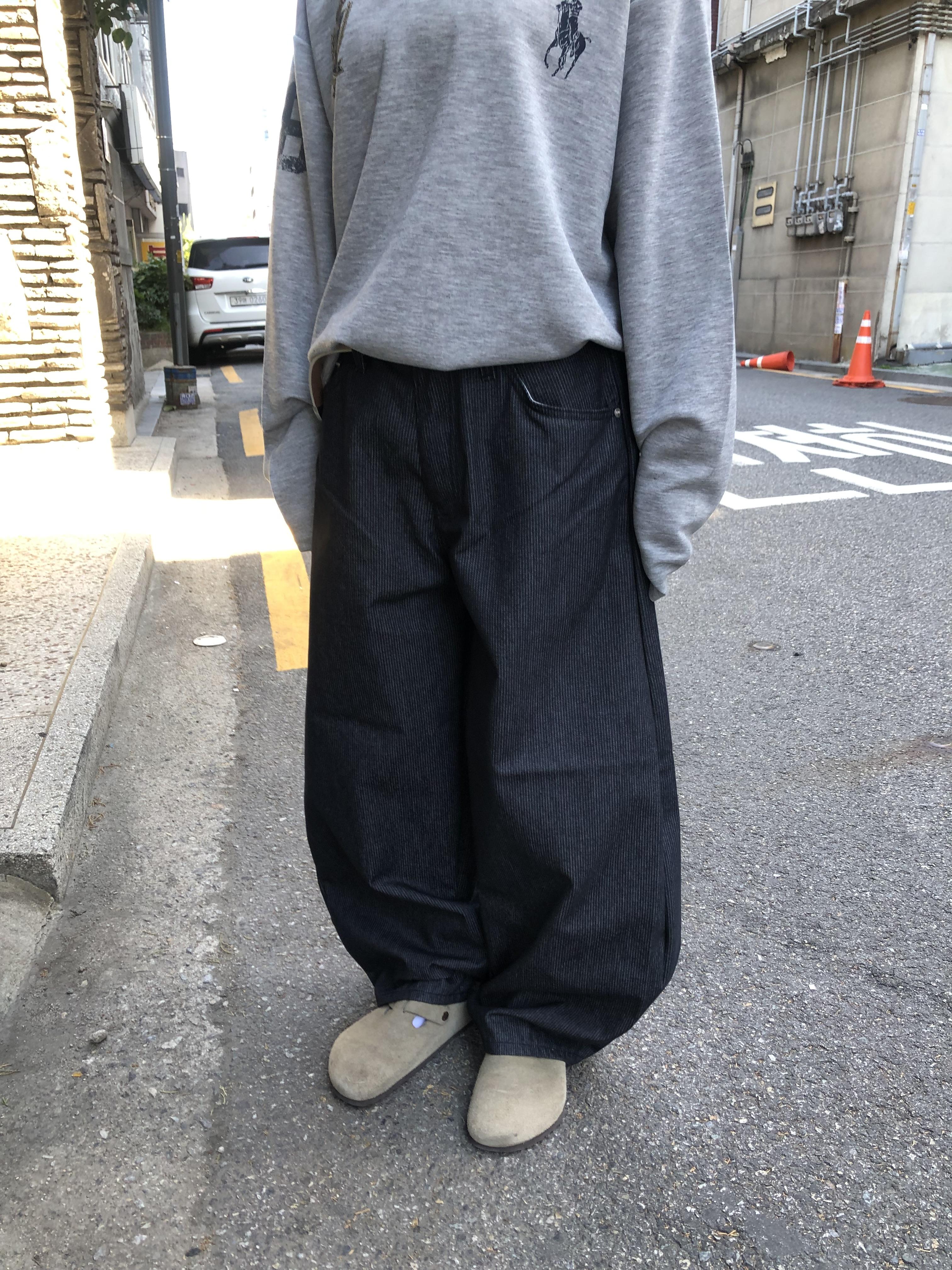 街頭經典百搭 細條紋 鬆緊帶 寬版 牛仔長褲 - 3C