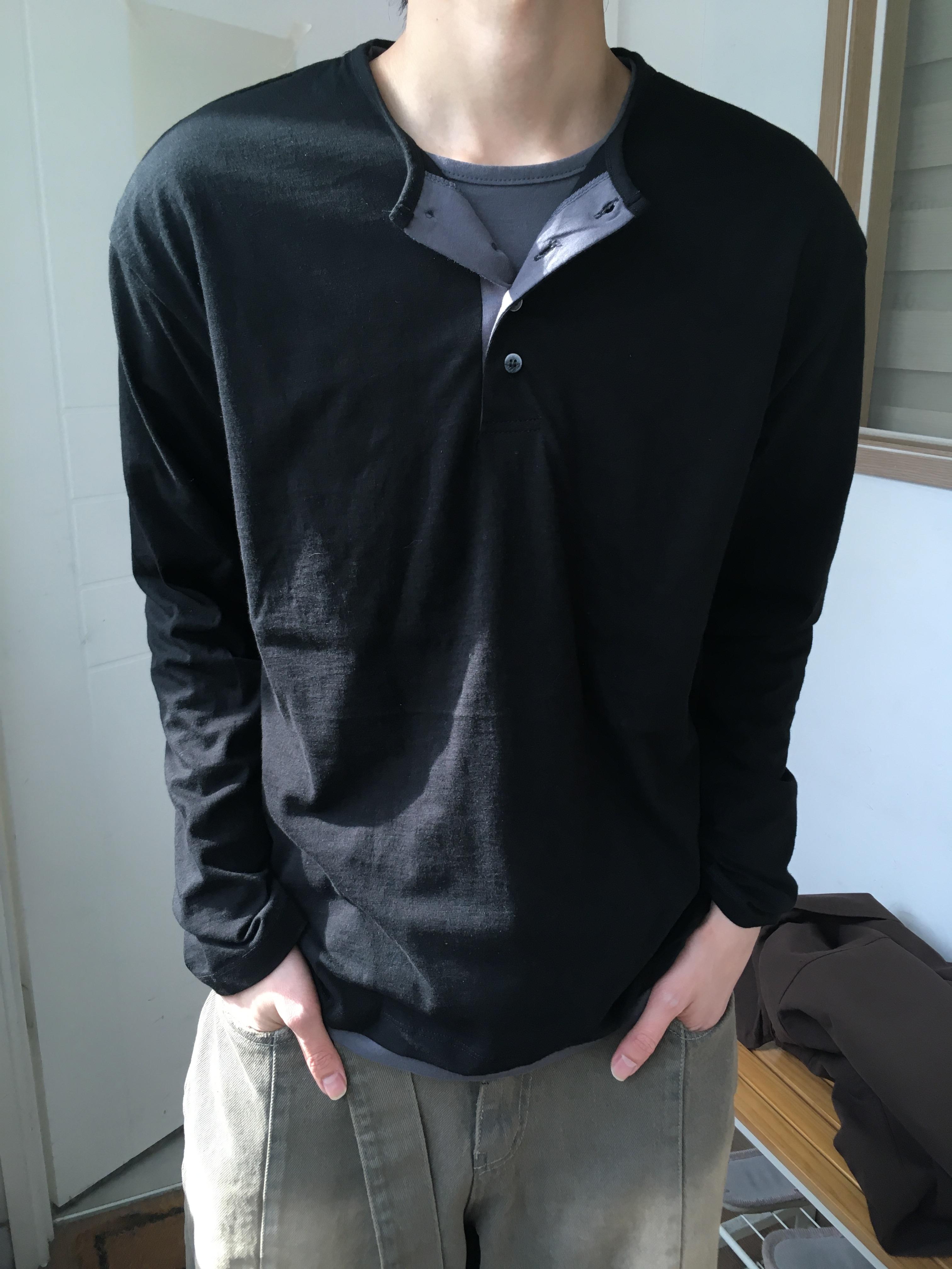 休閒亨利領 懶人層疊配色 素面 薄長袖 - 4C