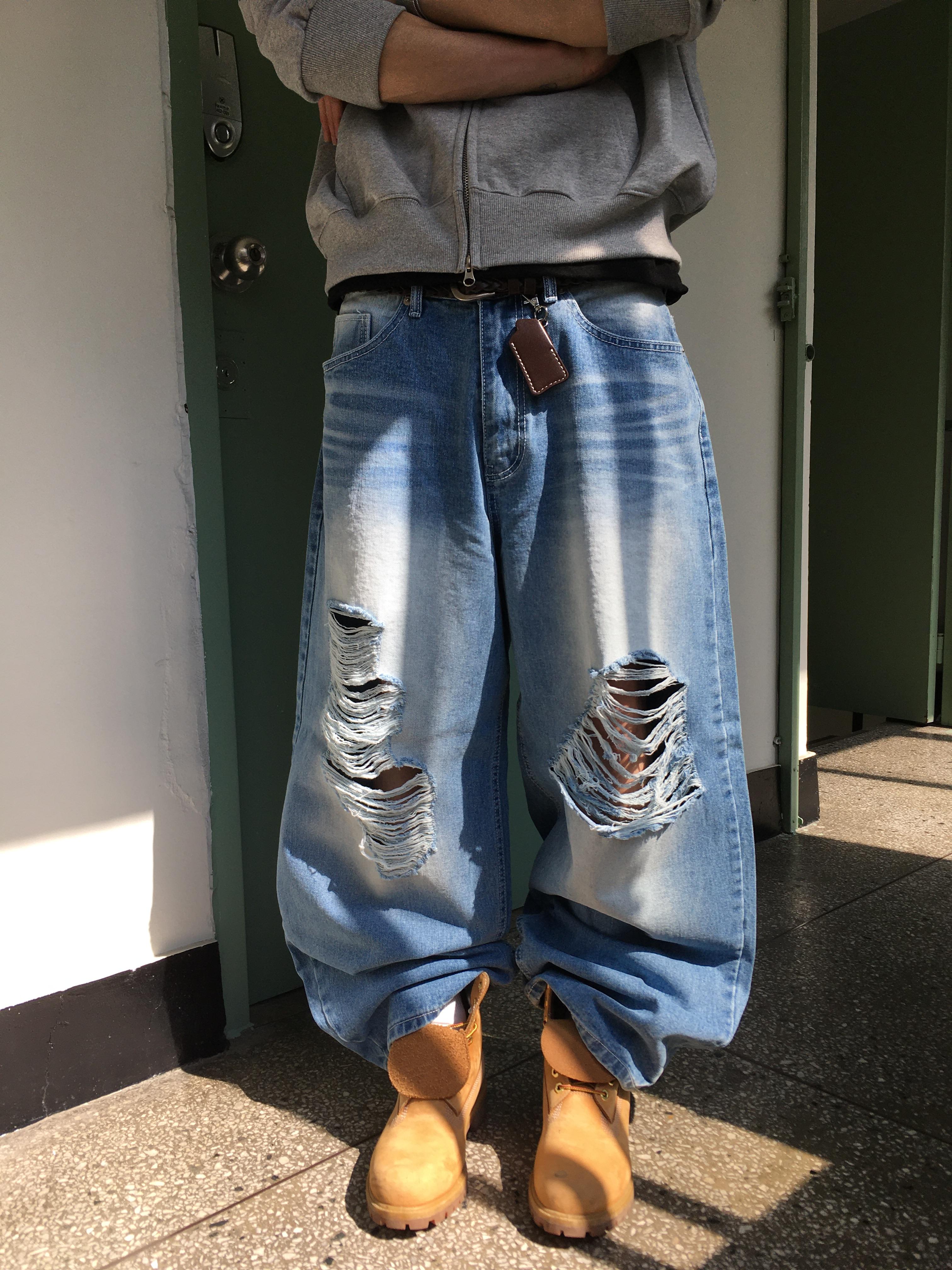 高檔布料 漸層刷色 街頭破洞 牛仔寬褲 - 2C