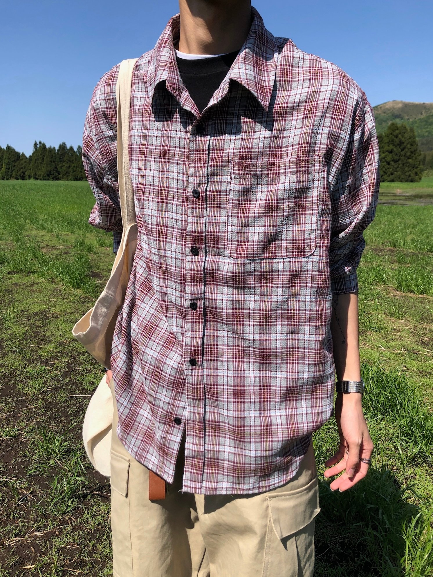 文藝浪漫派 夏季輕薄 撞色格紋 寬鬆襯衫 - 3C