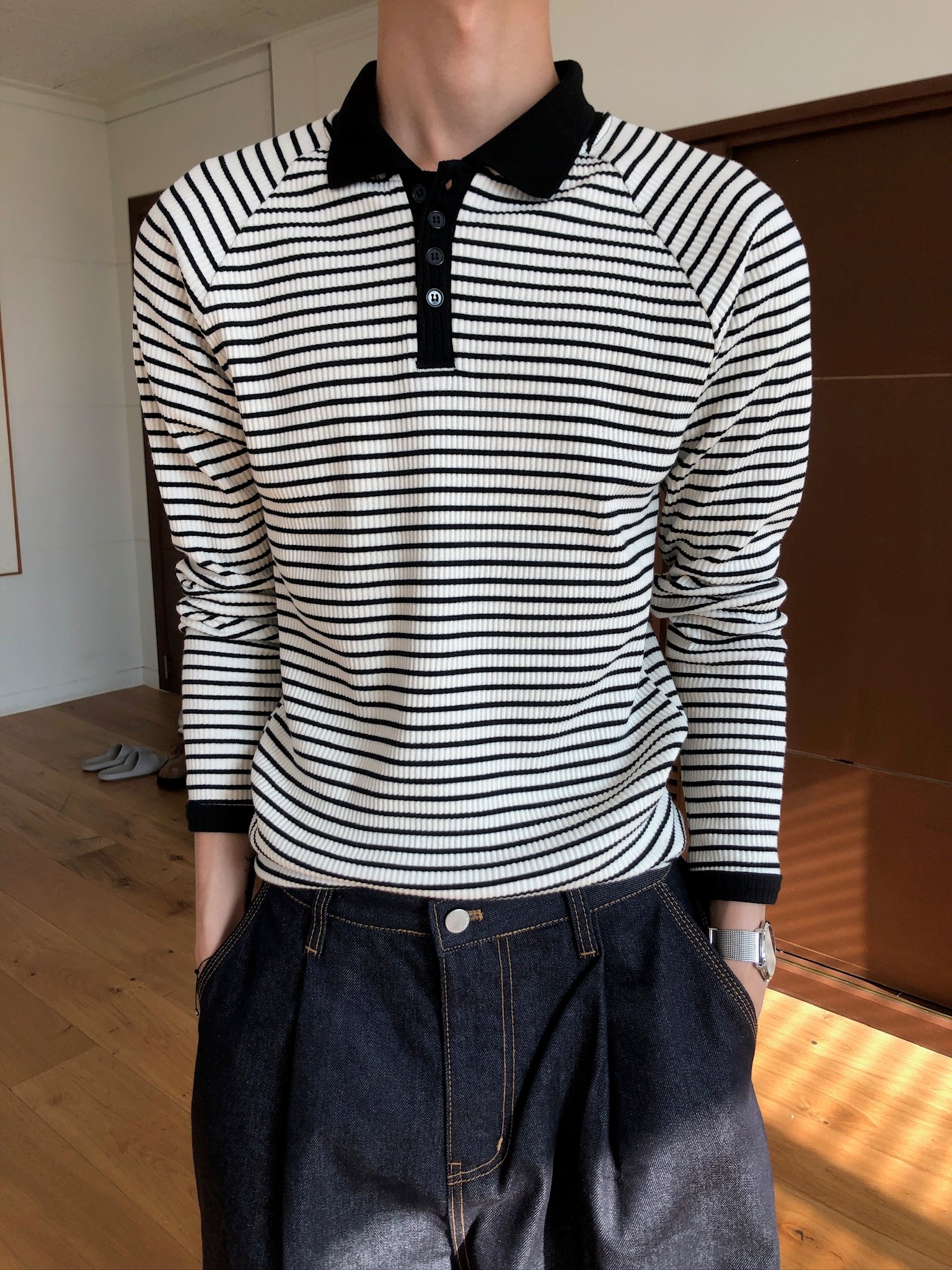 經典條紋 亨利領 修身版型 翻領 貼身 長袖 - 3C