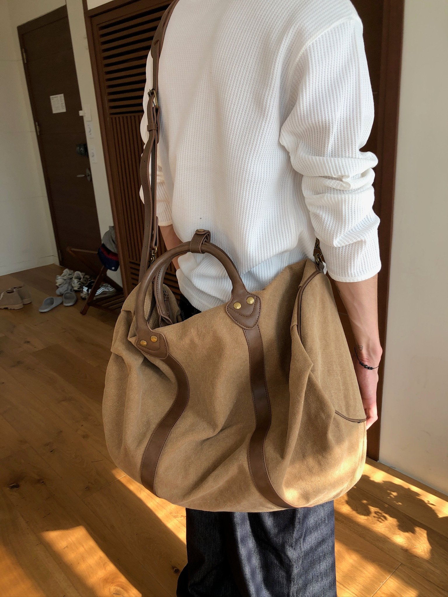 高質感 帆布皮革 大容量 旅行包 - 2C