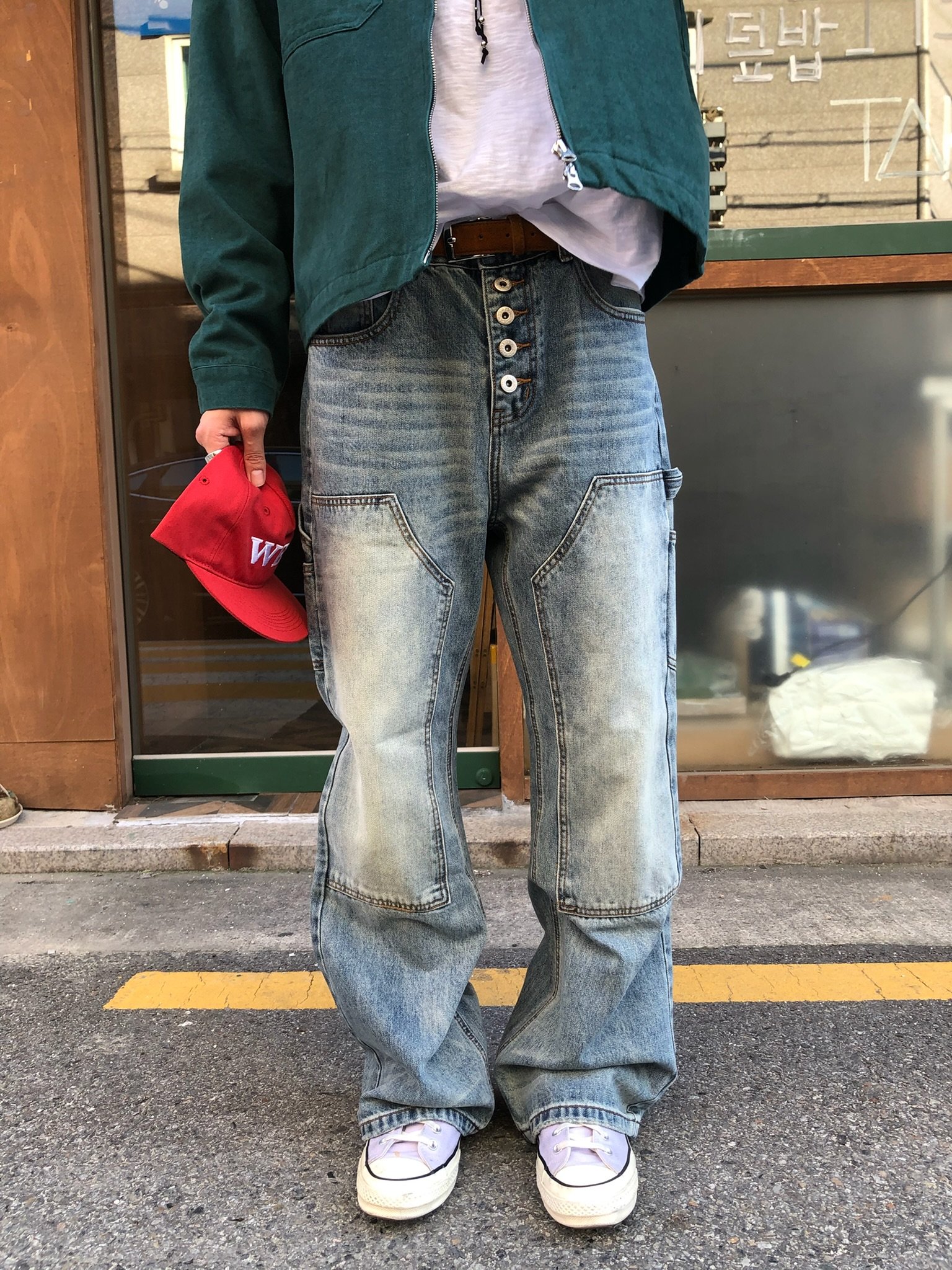 美式卡彭特 漸層刷色 多鈕扣造型 喇叭 牛仔長褲 - 1C
