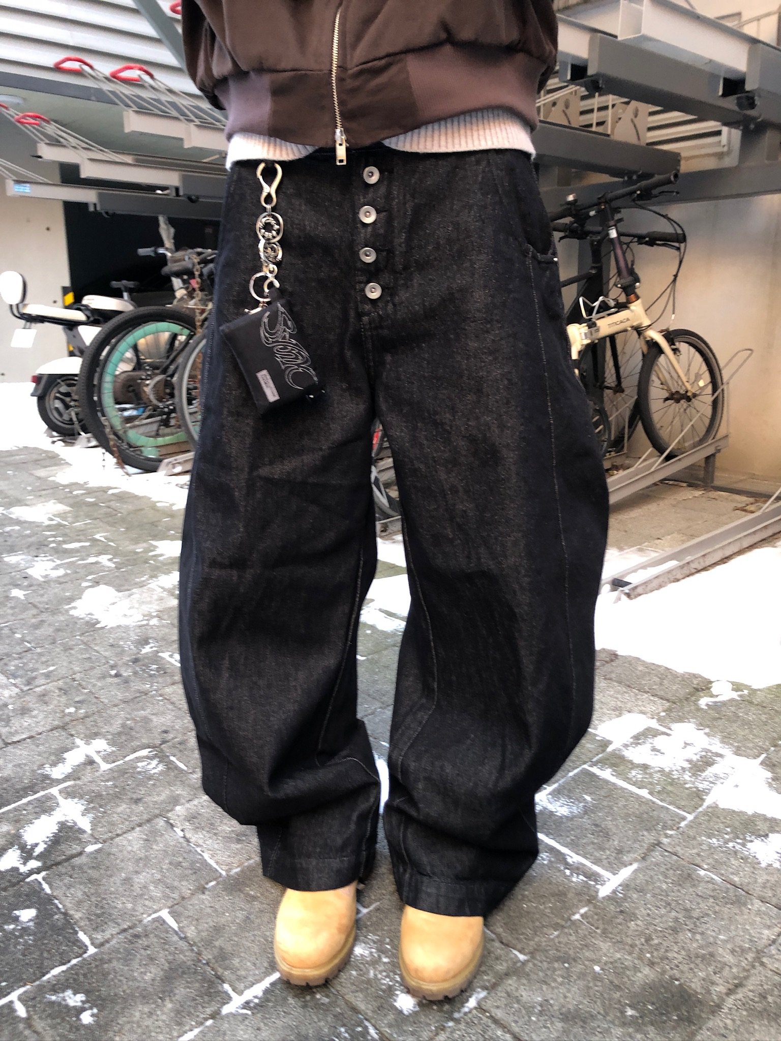 日系街頭 假鈕扣 原牛 寬褲 - 2C