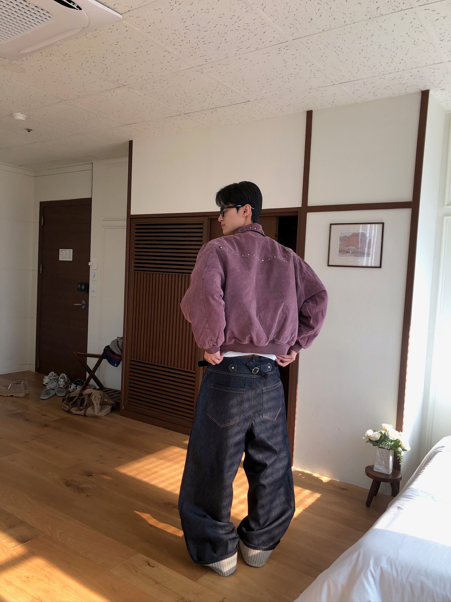 東京小夥 反折褲管 條紋結構 原牛寬褲 - 2C