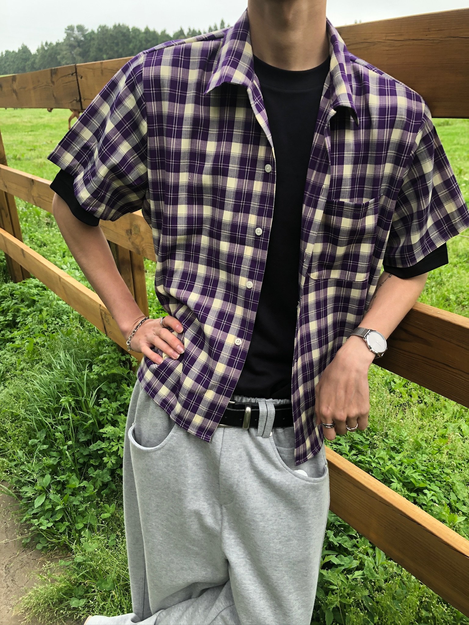 倫敦街頭 親膚涼感 短版 格紋 短袖襯衫 - 4C