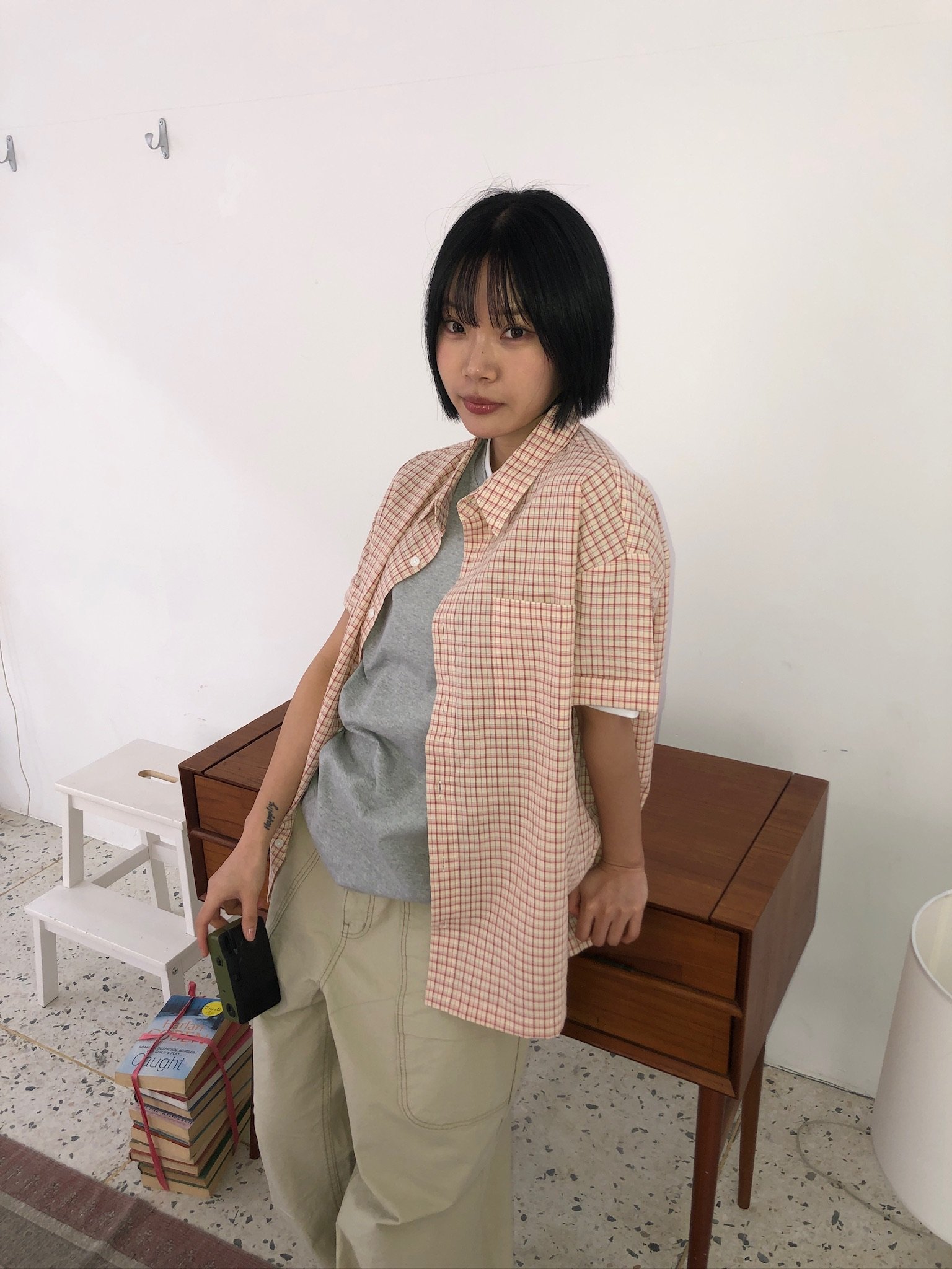 多巴安配色 涼感短版 格紋 短袖襯衫 - 2C