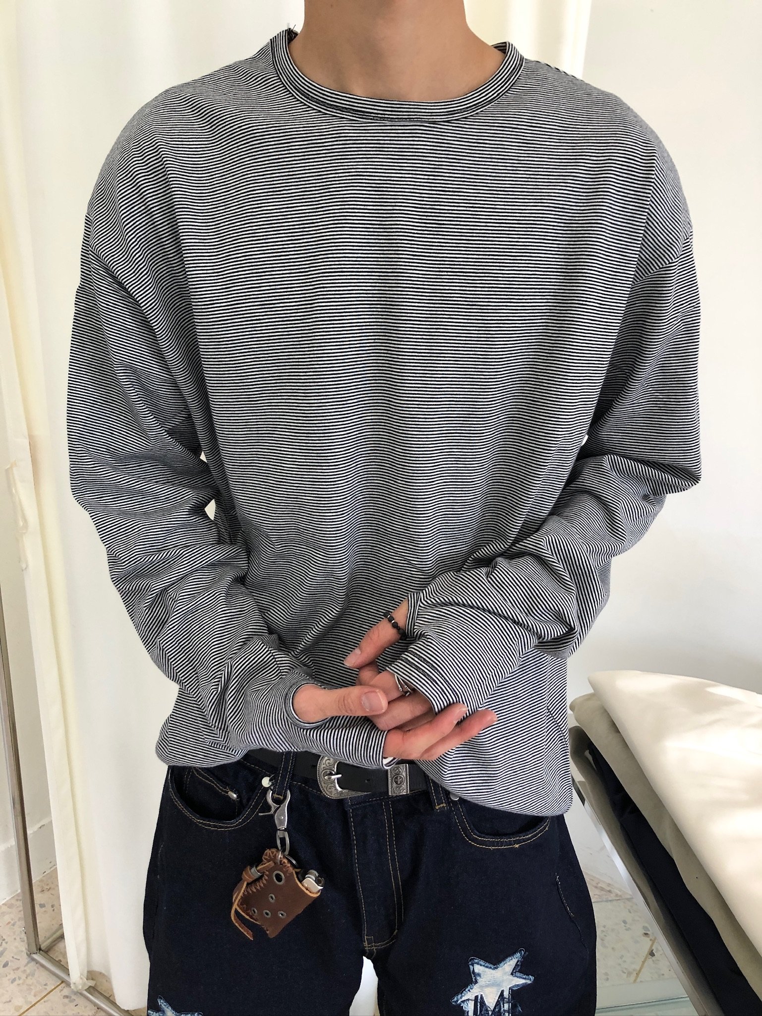 高質感 休閒風 細條紋 層疊穿搭 指套 長袖 - 4C