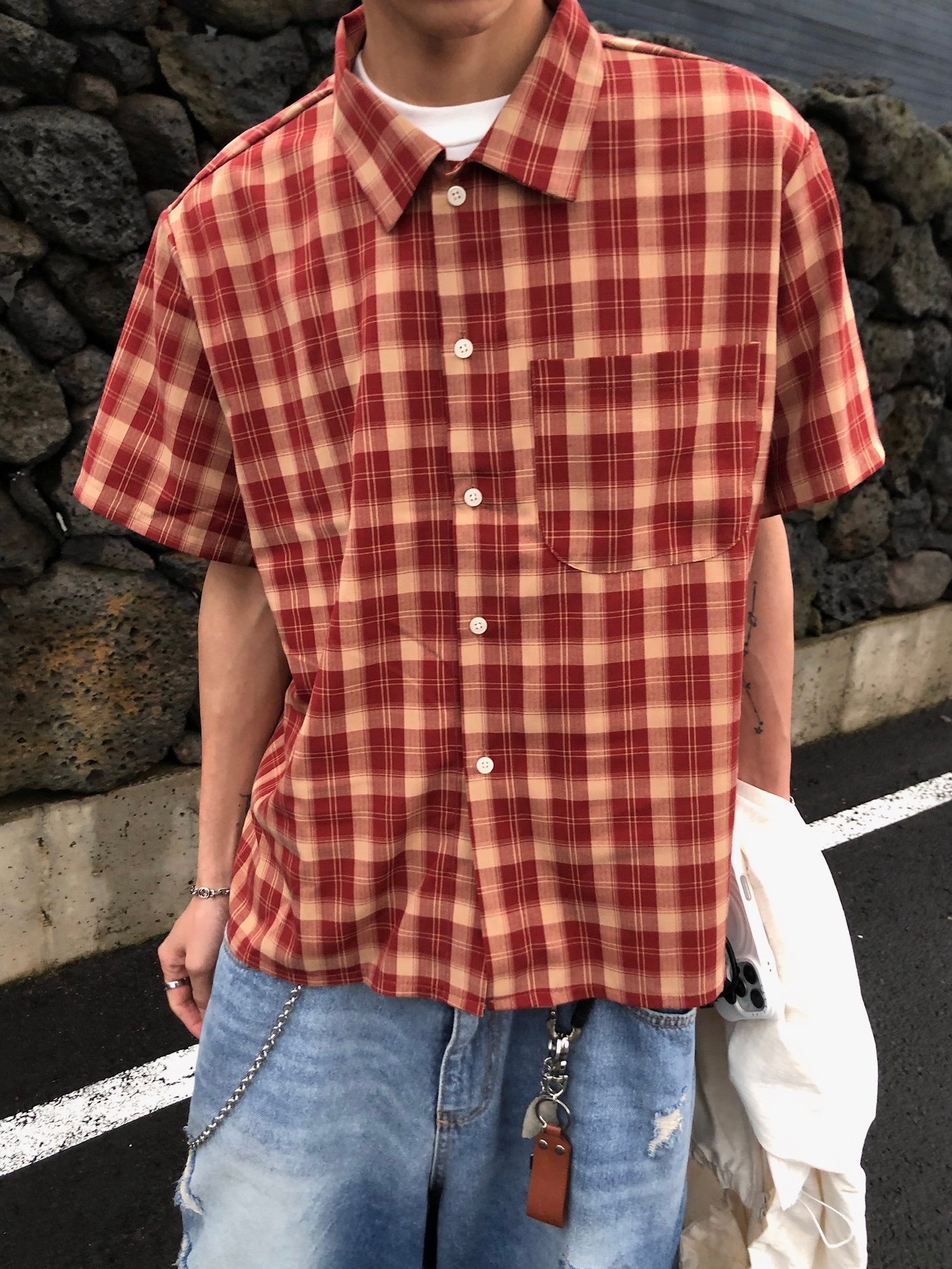 倫敦街頭 親膚涼感 短版 格紋 短袖襯衫 - 4C