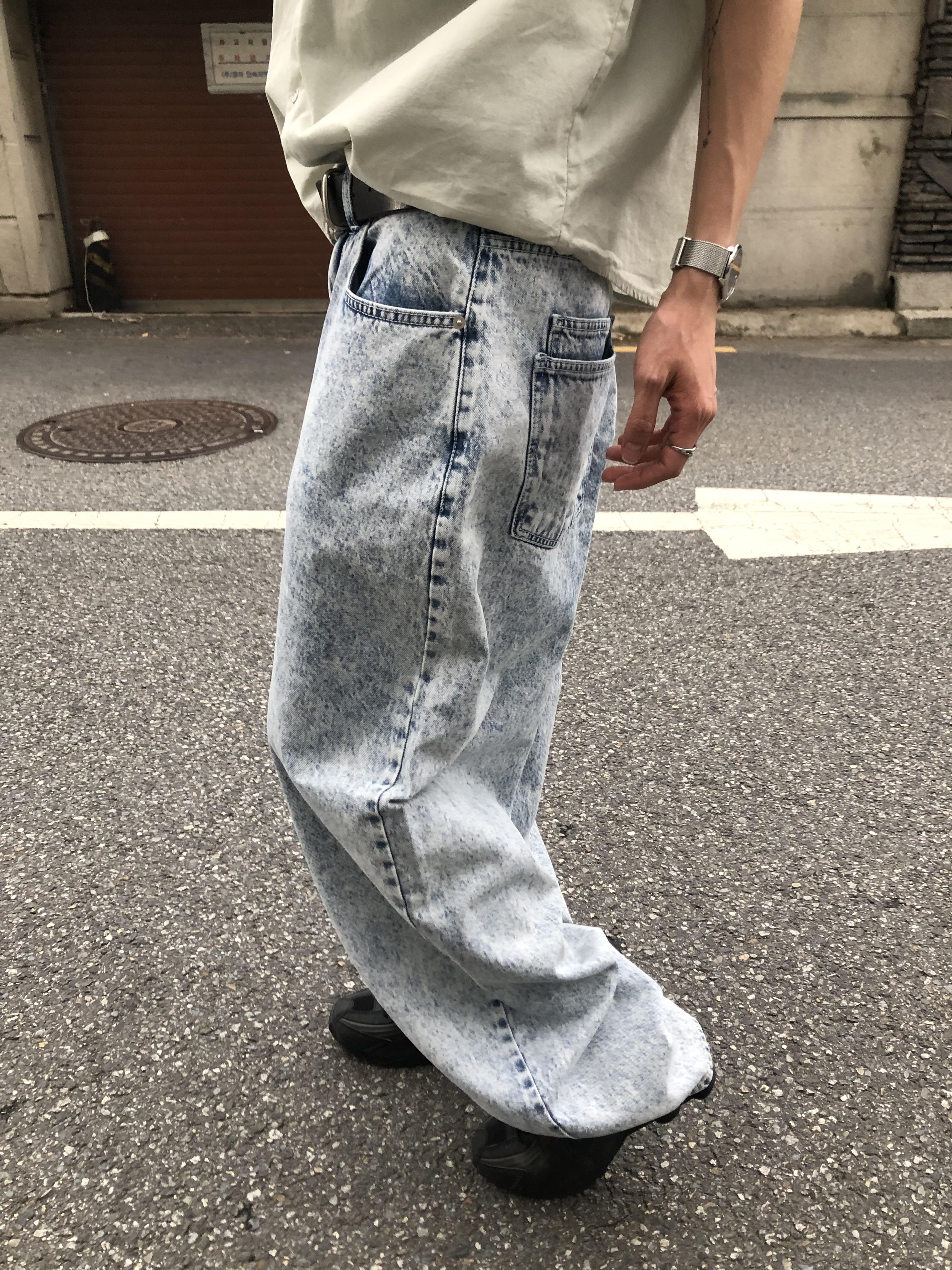 冰原破痕 渲染 雙層口袋 牛仔寬褲 - 1C