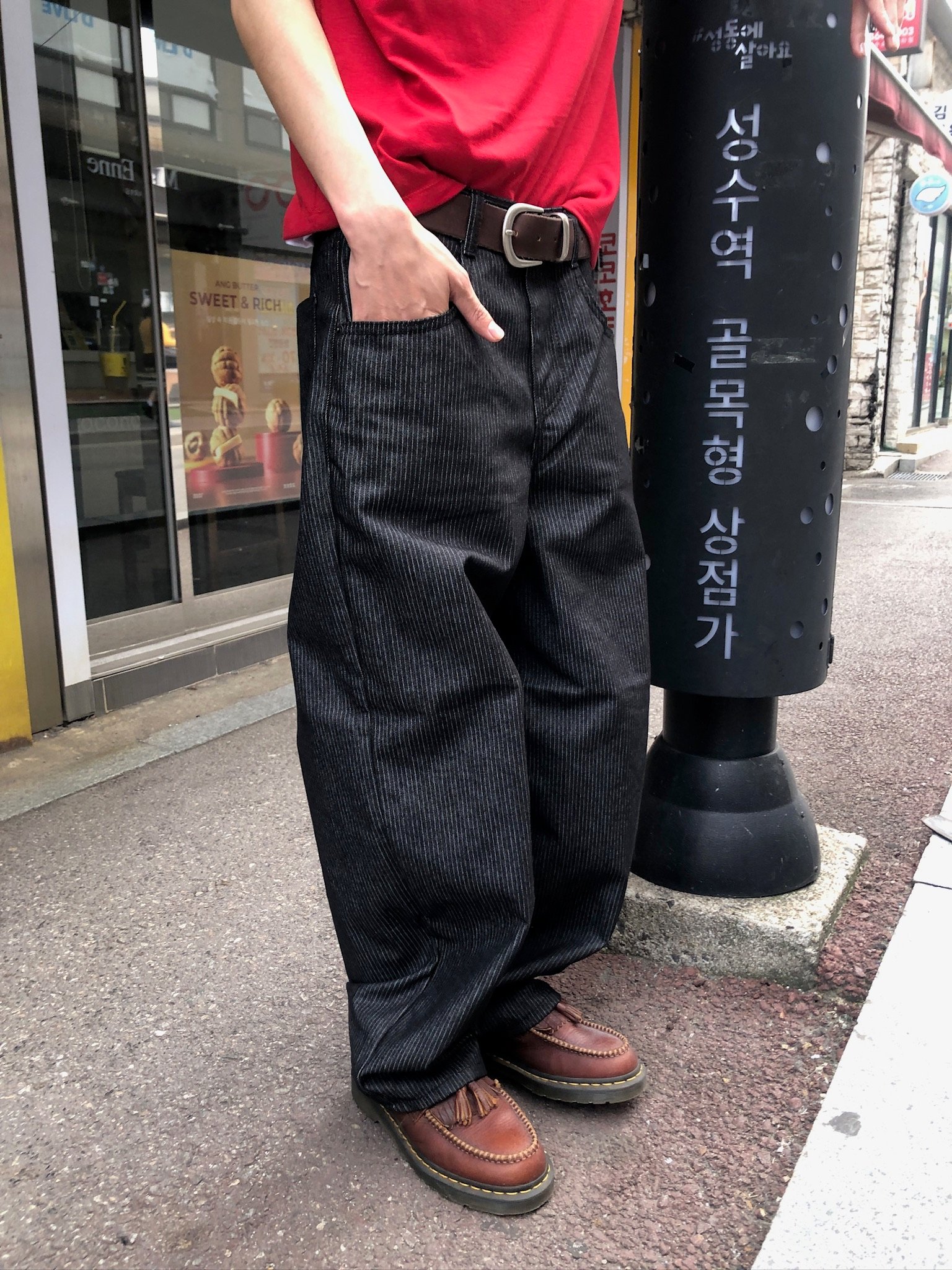 街頭簡約 寬版直筒修身 條紋 原牛褲 - 1C