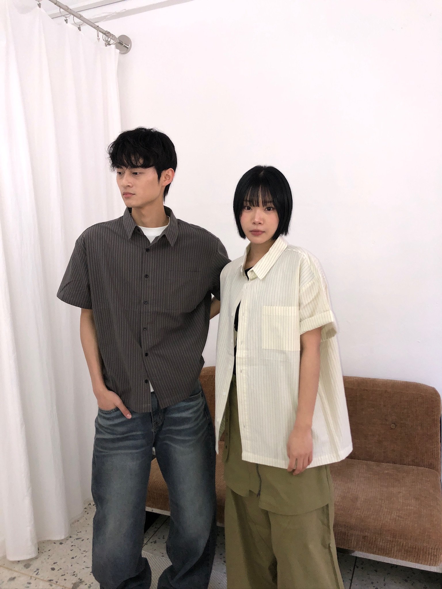 夏日涼感 復古條紋 微短版 短袖襯衫 - 2C