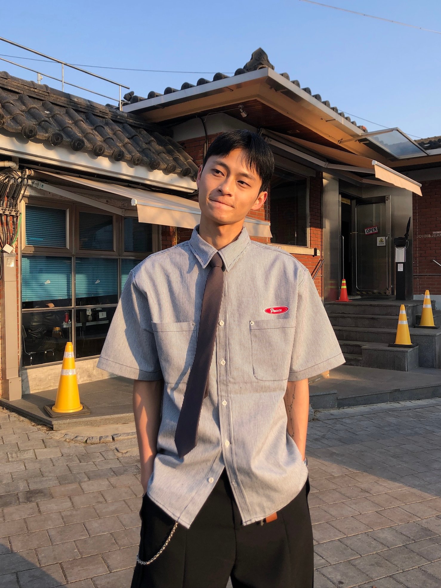 Peace 極簡主義 細條紋 短袖 牛仔襯衫 (set - up) - 2C