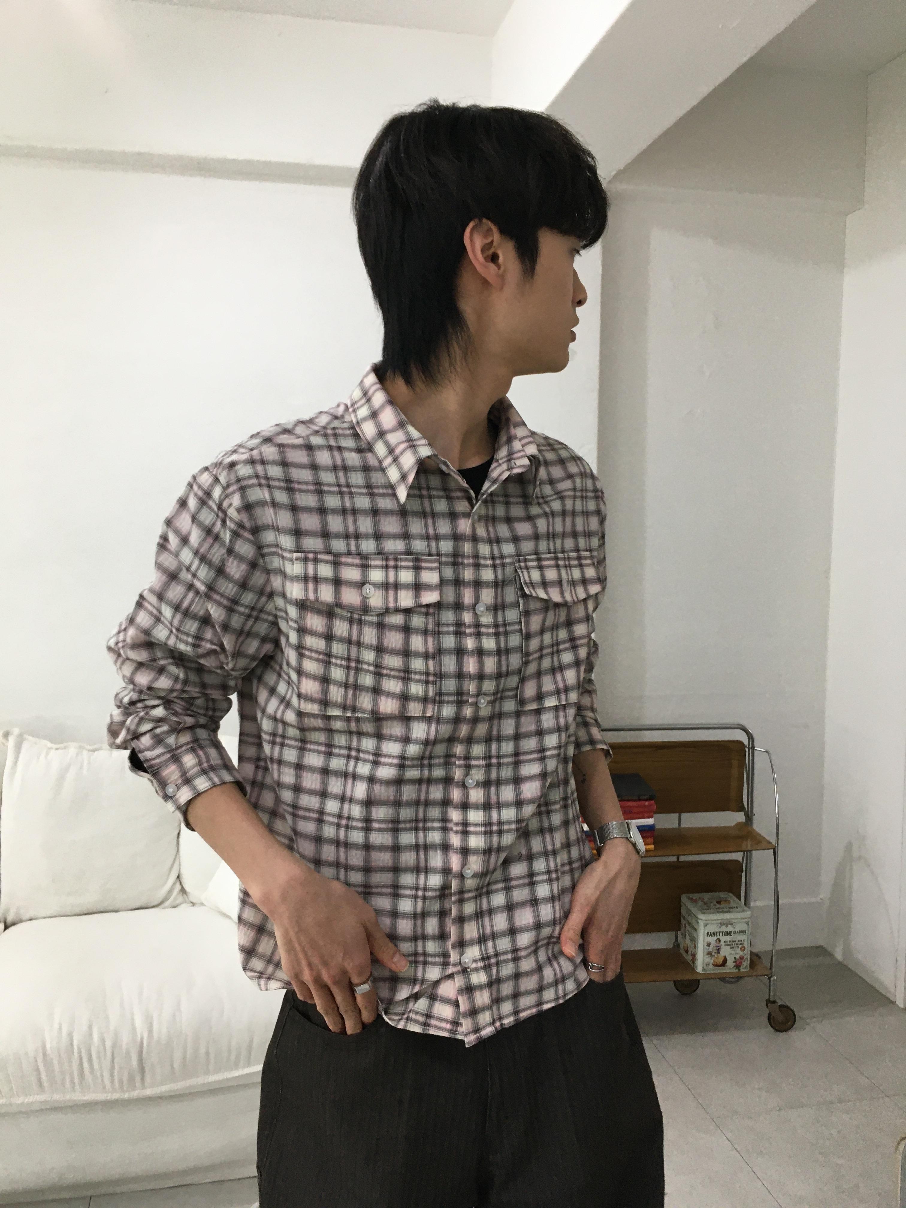 街頭復古感 格紋 涼爽亞麻 短版襯衫 - 2C