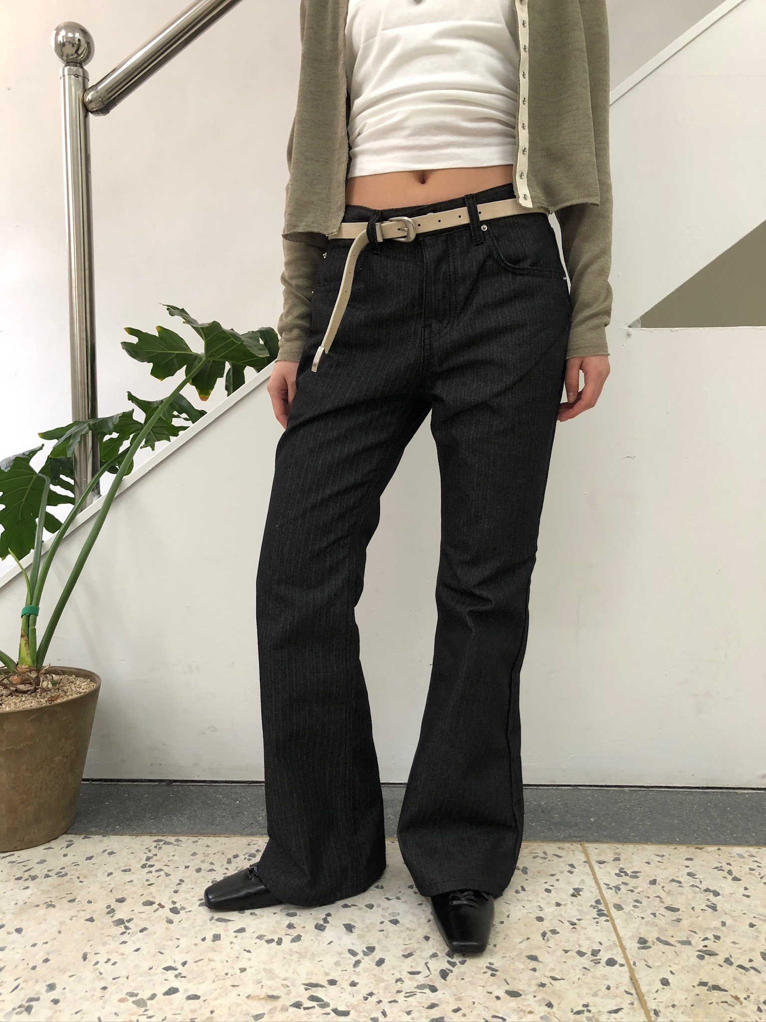 韓女必備 超級修身 細條紋 微喇叭原牛褲 - 3C