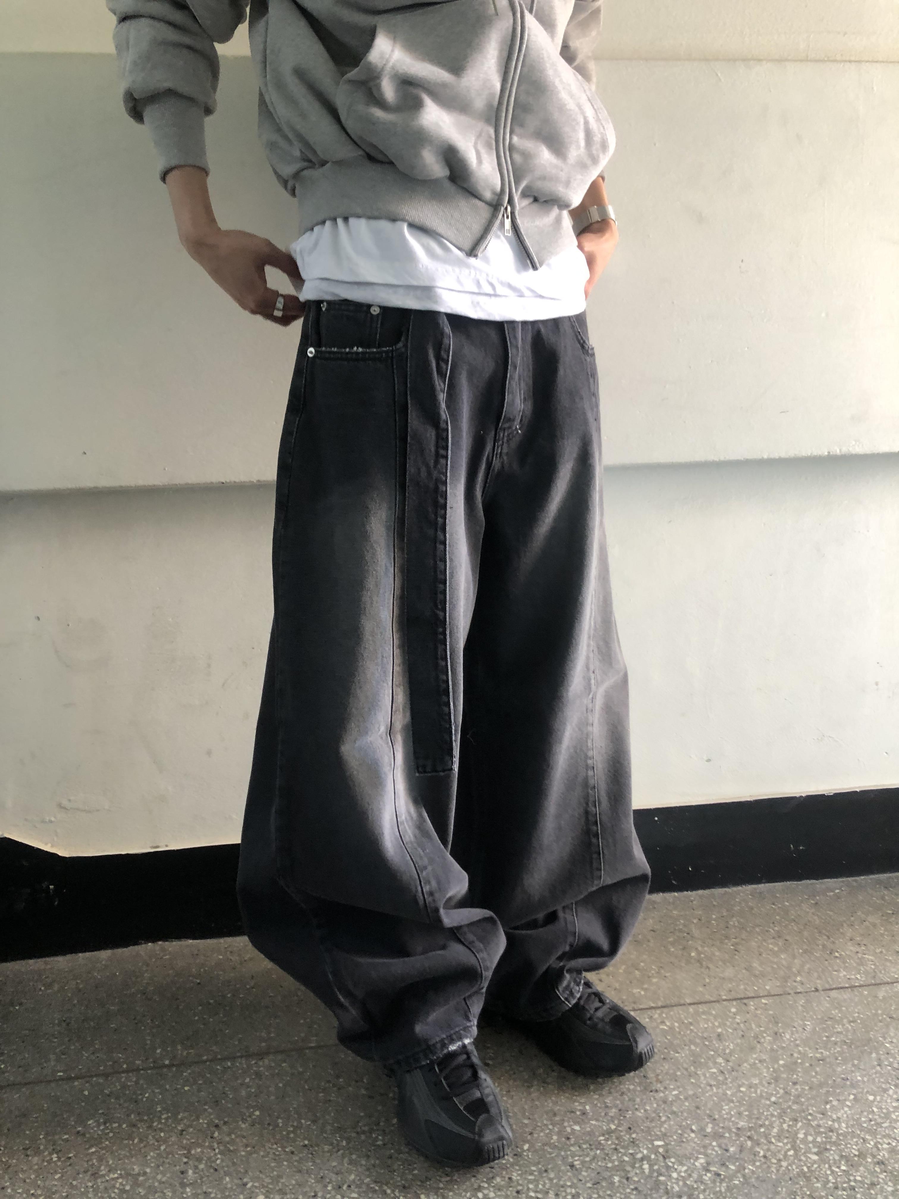 中央割線 水洗 寬鬆 假皮帶 牛仔長褲 - 2C