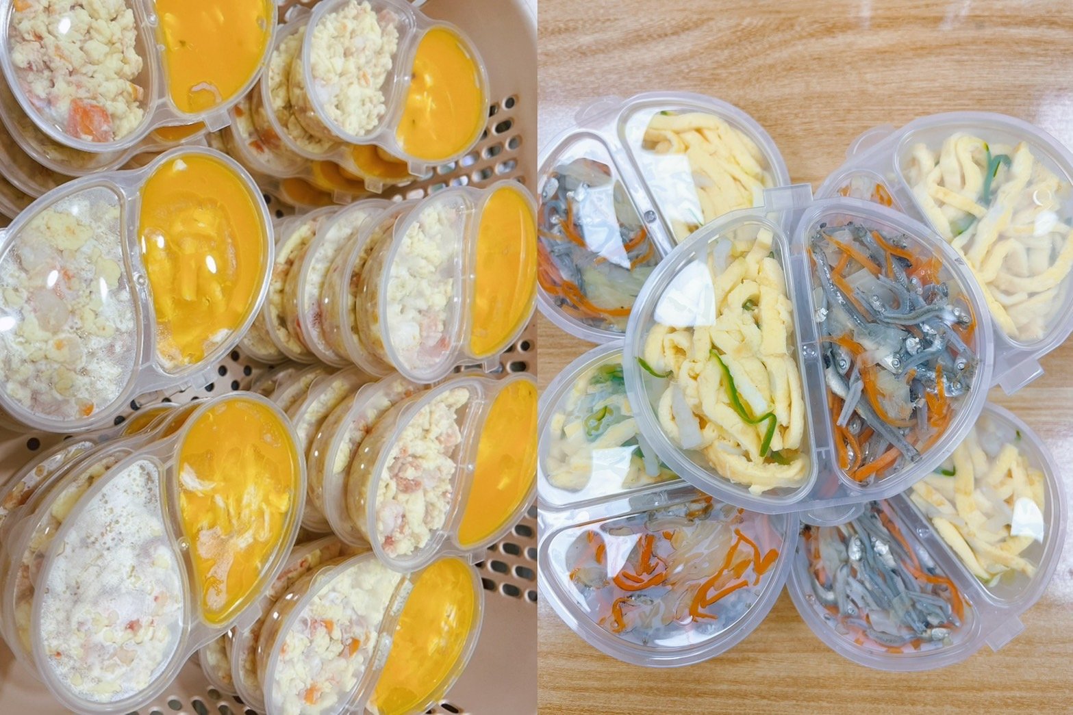 南瓜佐玉米雞肉絲40克+番茄鮮蝦炒蛋雙拼40克/小黃瓜蛋皮絲佐干貝30克+高麗菜紅蘿蔔佐小魚30克【限冷凍宅配/超商冷凍配送】