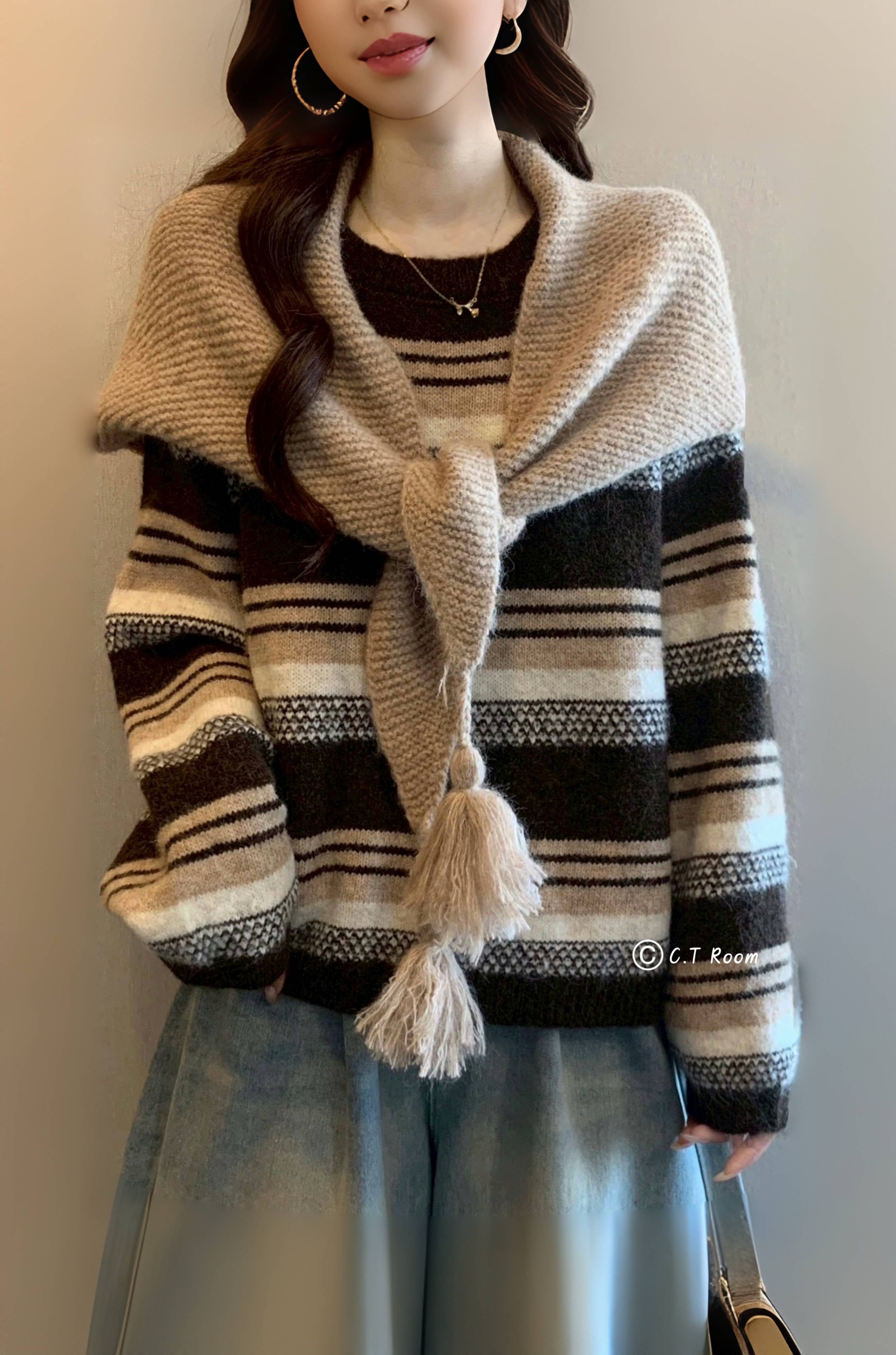 附披肩復古條紋針織毛衣