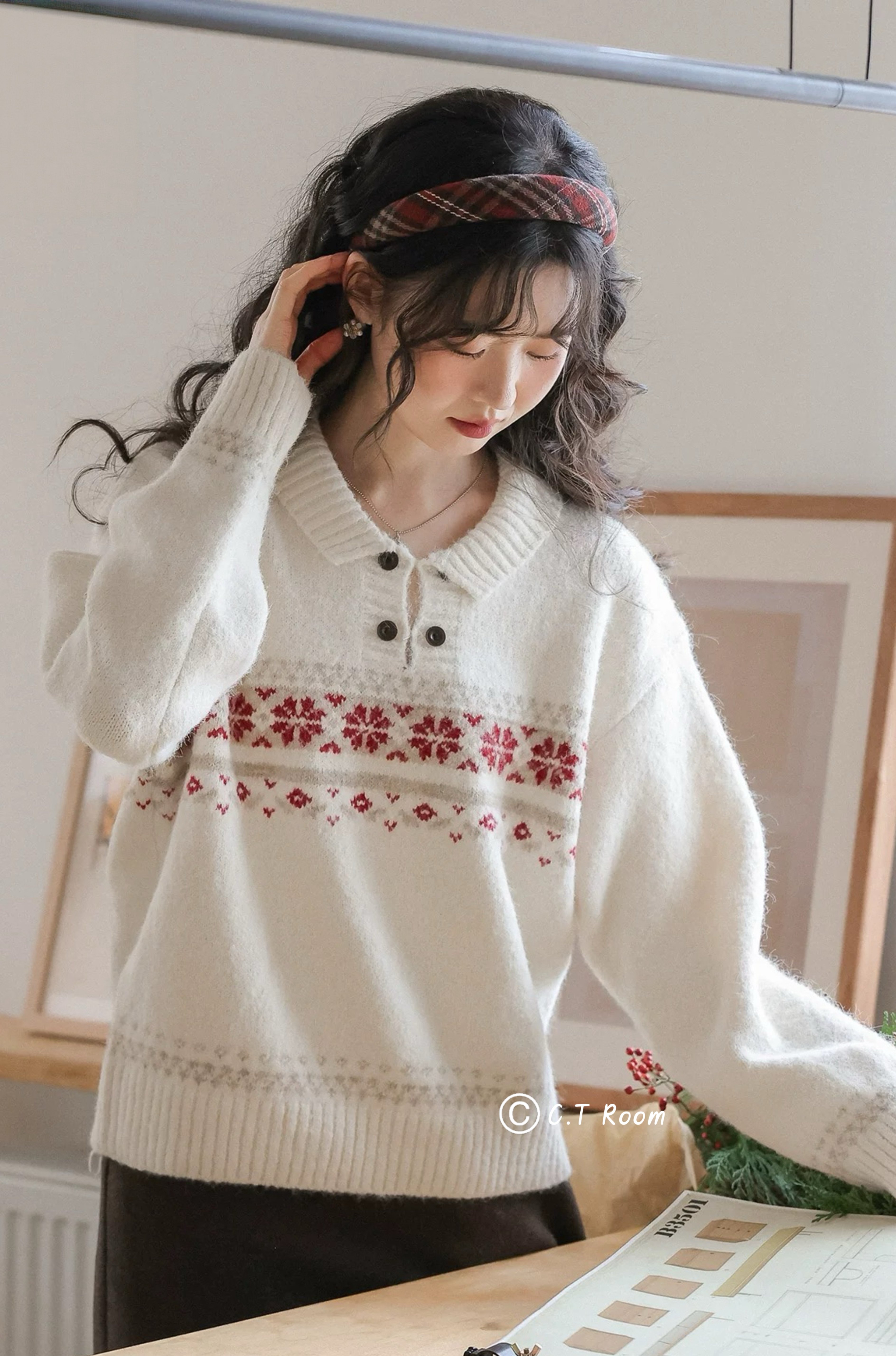 雙釦翻領雪花針織毛衣