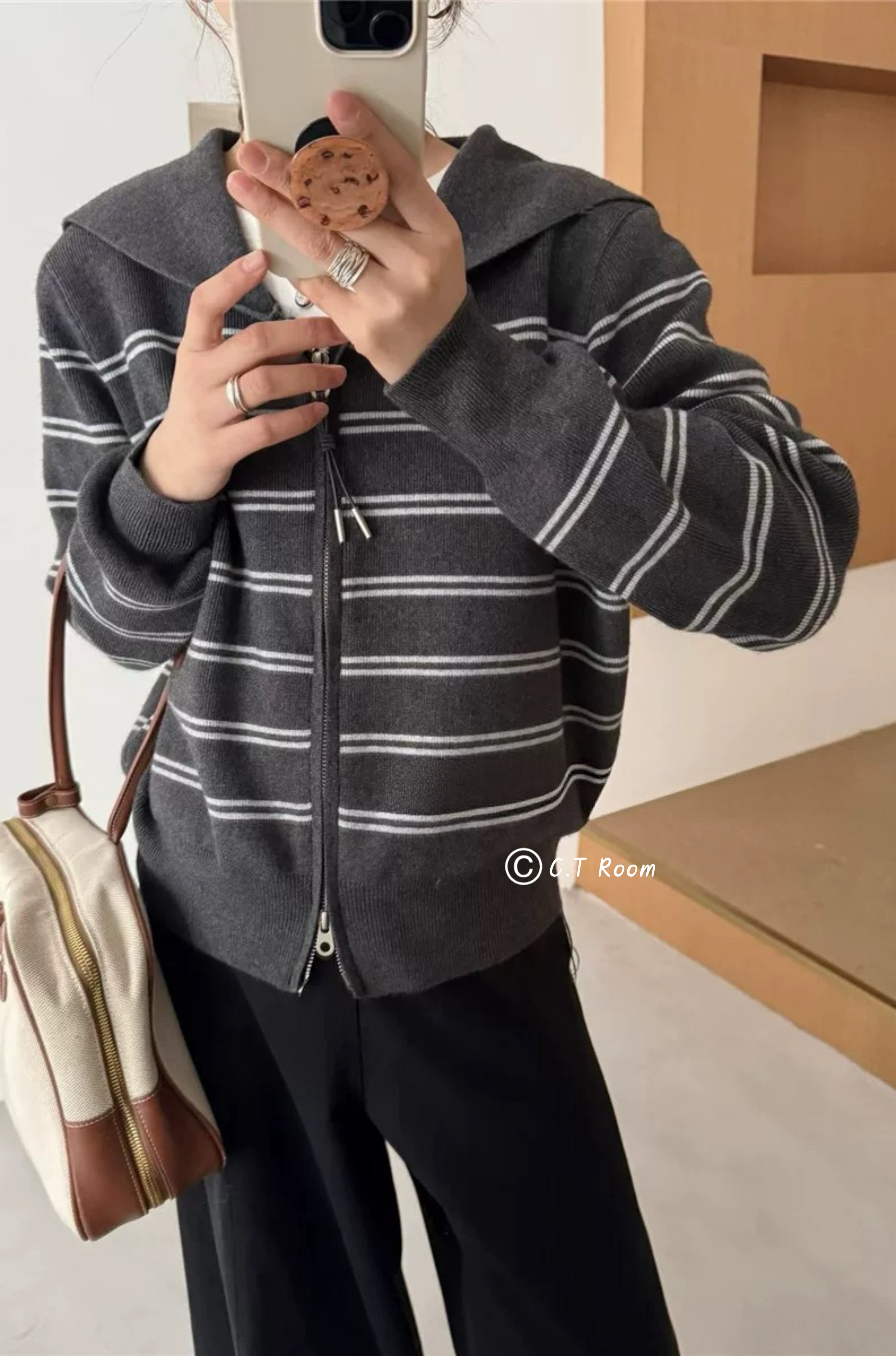 海軍領雙拉鏈條紋上衣