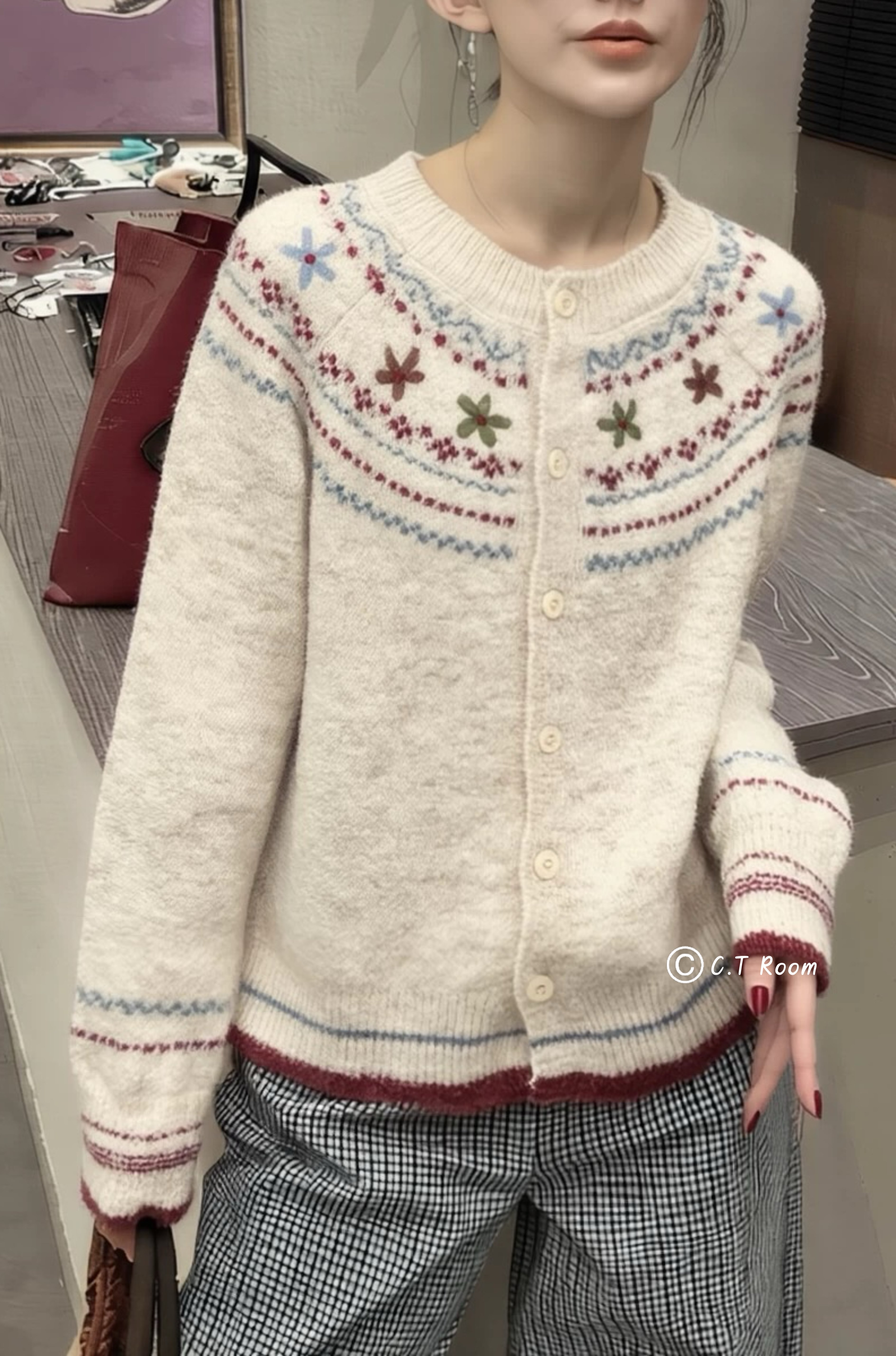 復古彩色花花毛衣