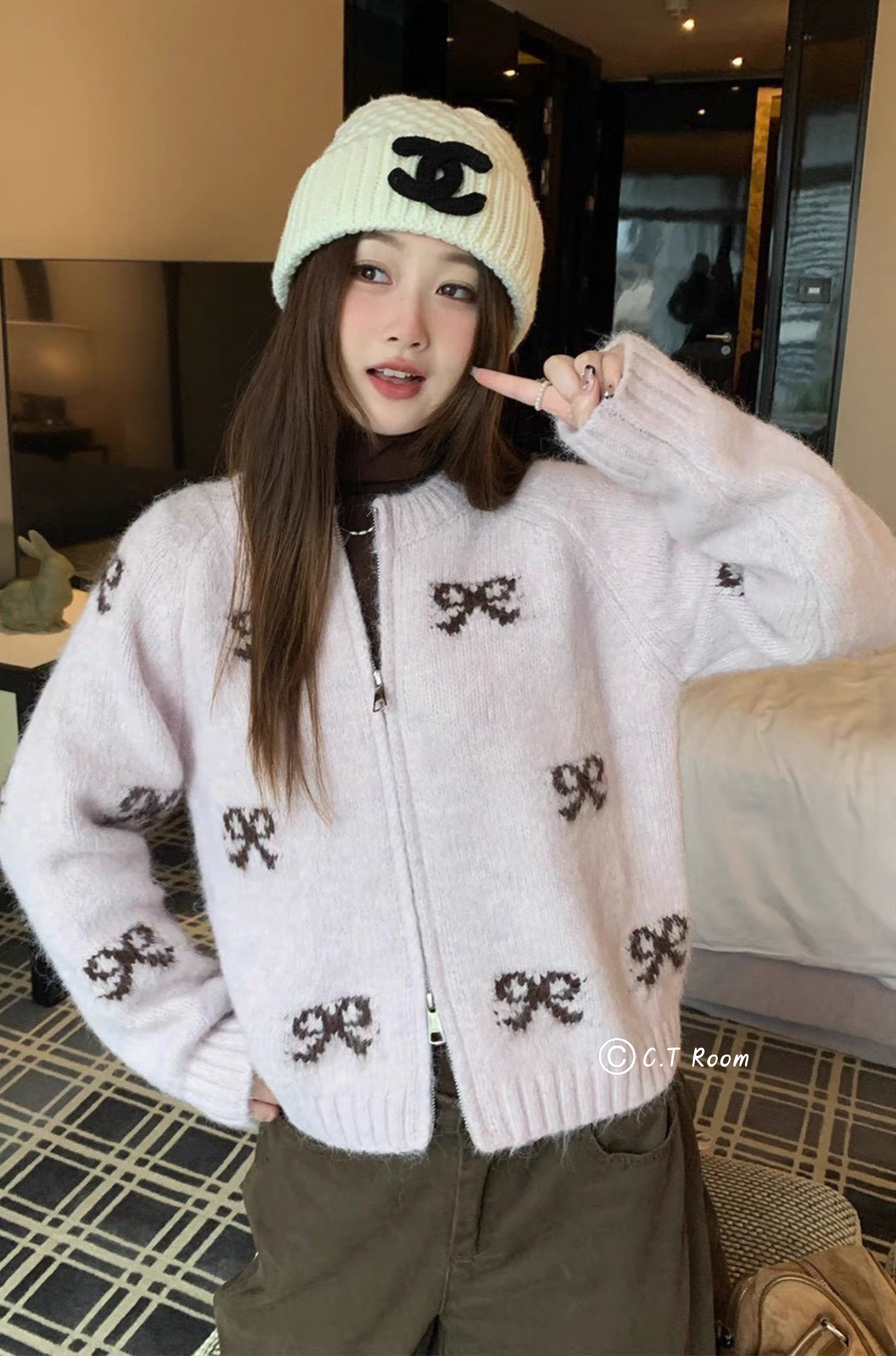 蝴蝶結雙拉鏈針織毛衣