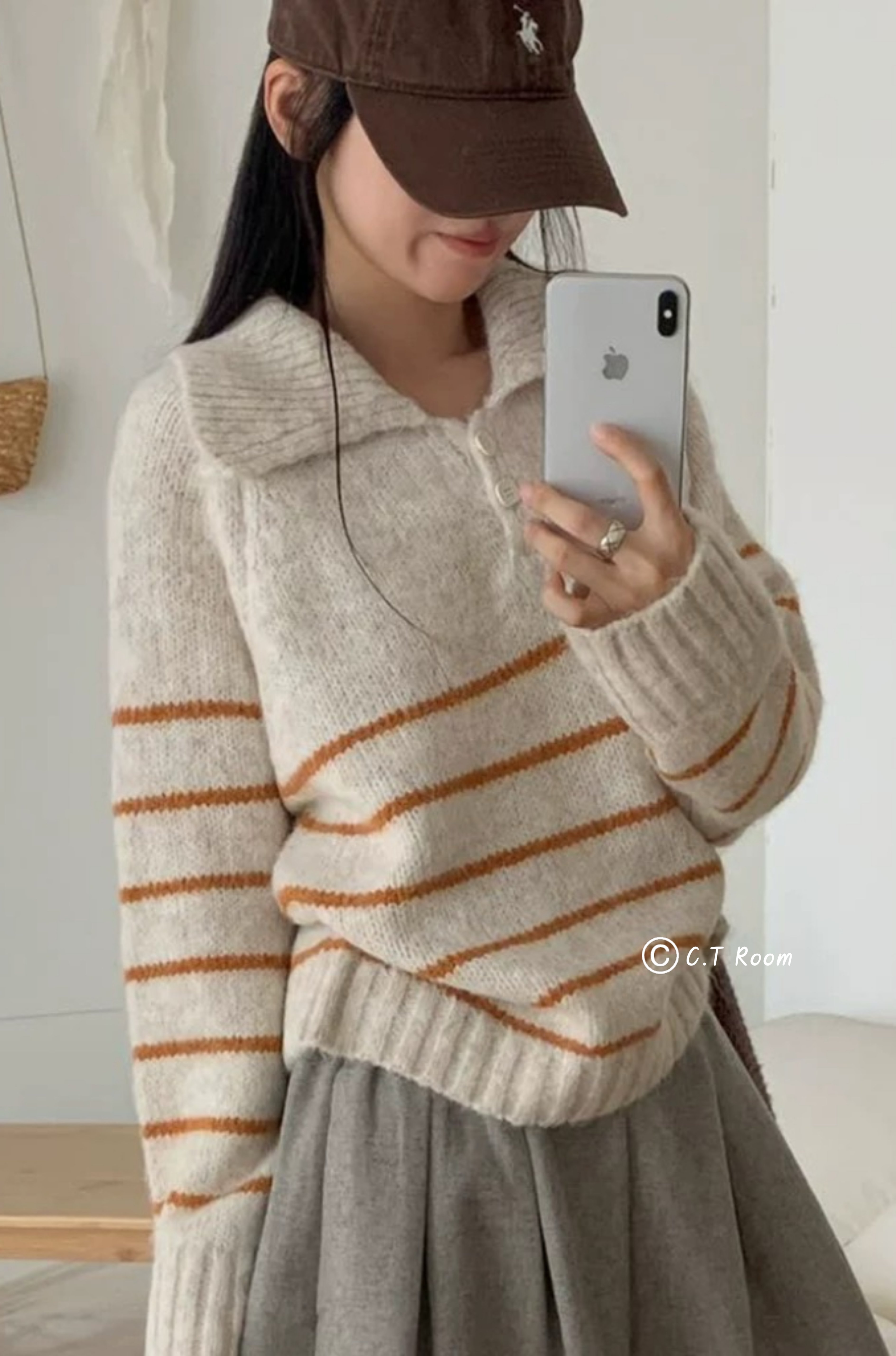 翻領釦子南瓜橘條紋毛衣