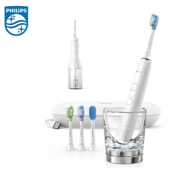 PHILIPS 飛利浦鑽石靚白智能音波震動牙刷(HX9924/02) 白+X型水流電動沖牙機 (HX3826/31)白