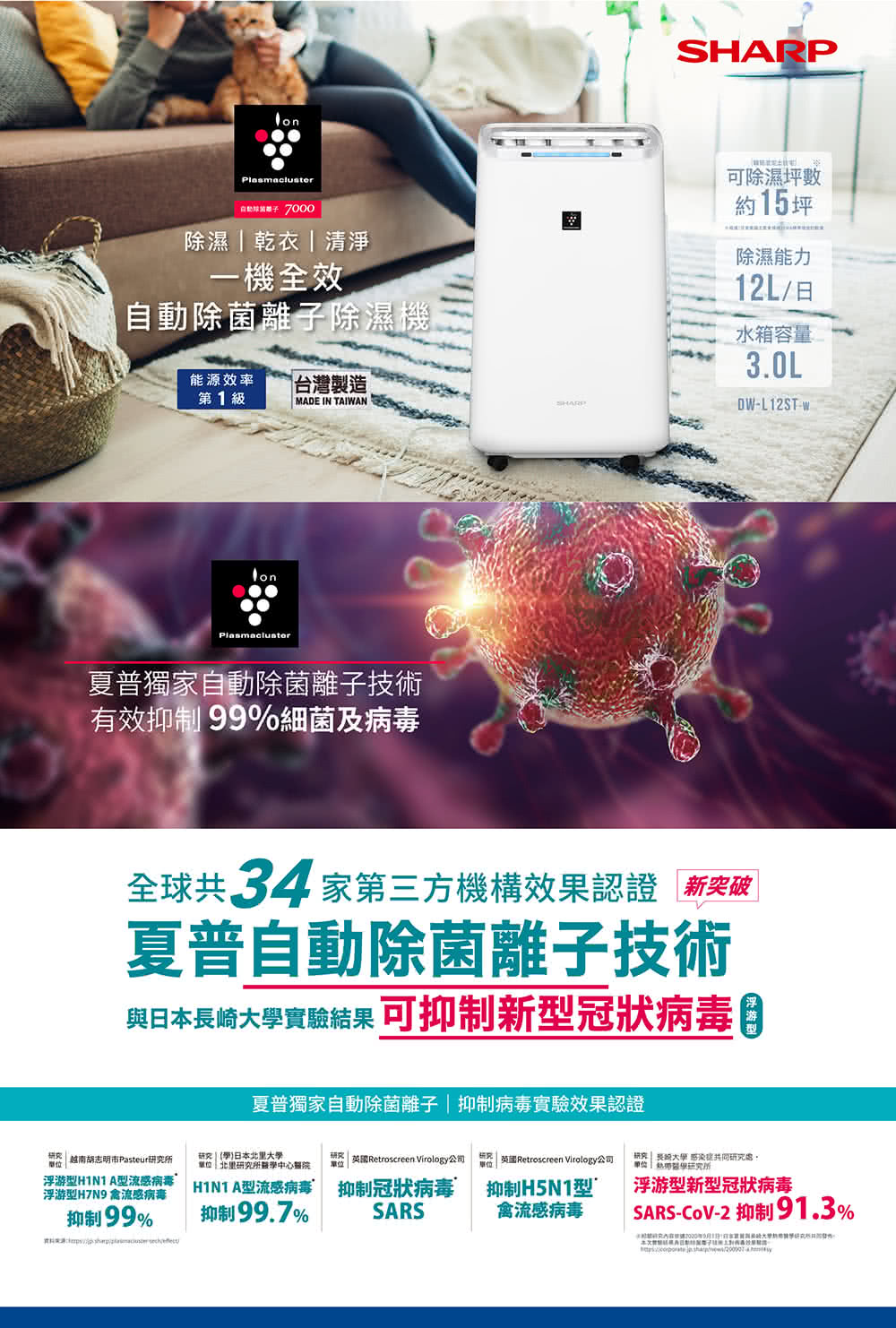 SHARP 夏普 12公升PCI自動除菌離子除濕機(DW-L12ST-W)