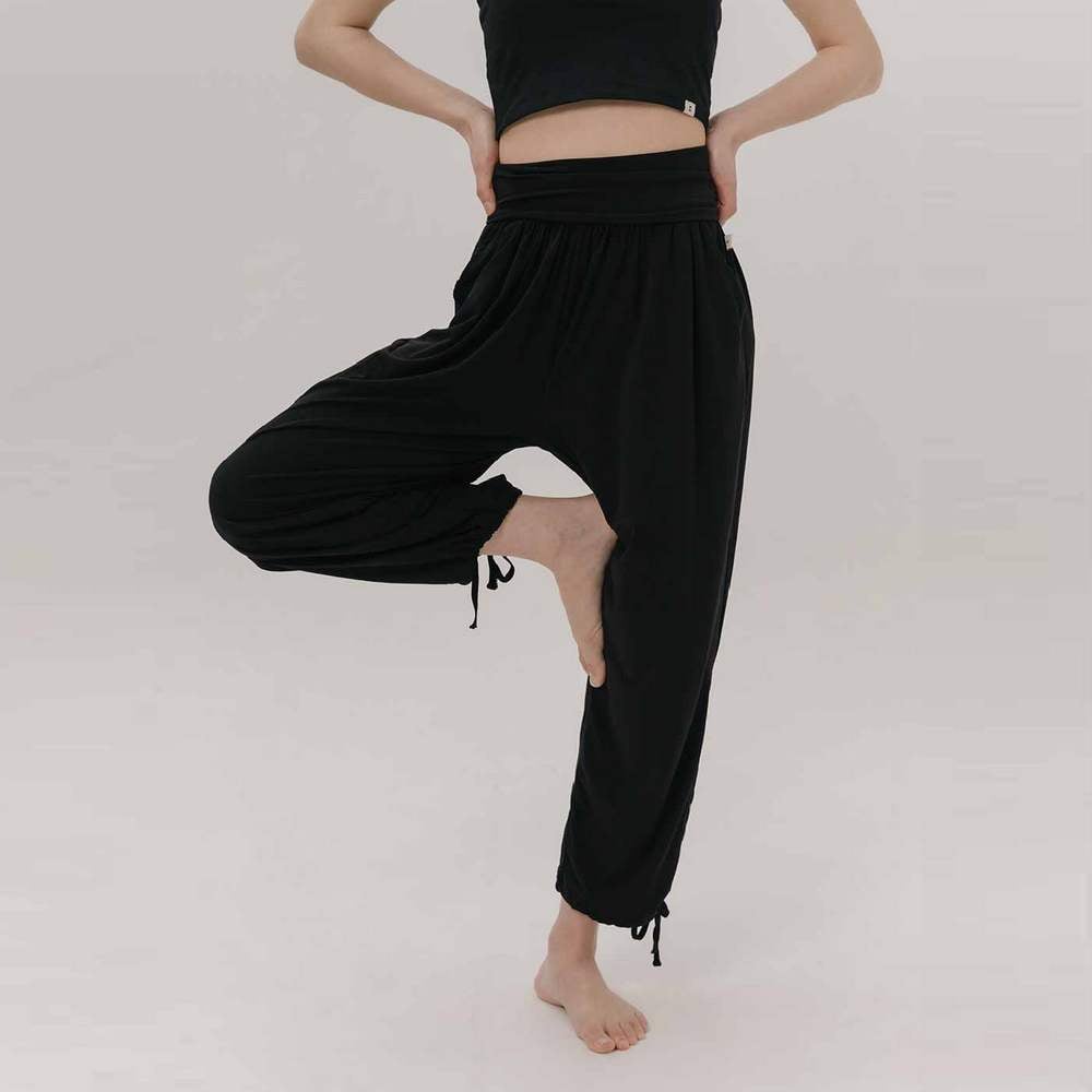 【6色】Sohamsoham 瑜珈側開岔綁帶束腳寬褲 黑色 SOH001BLK