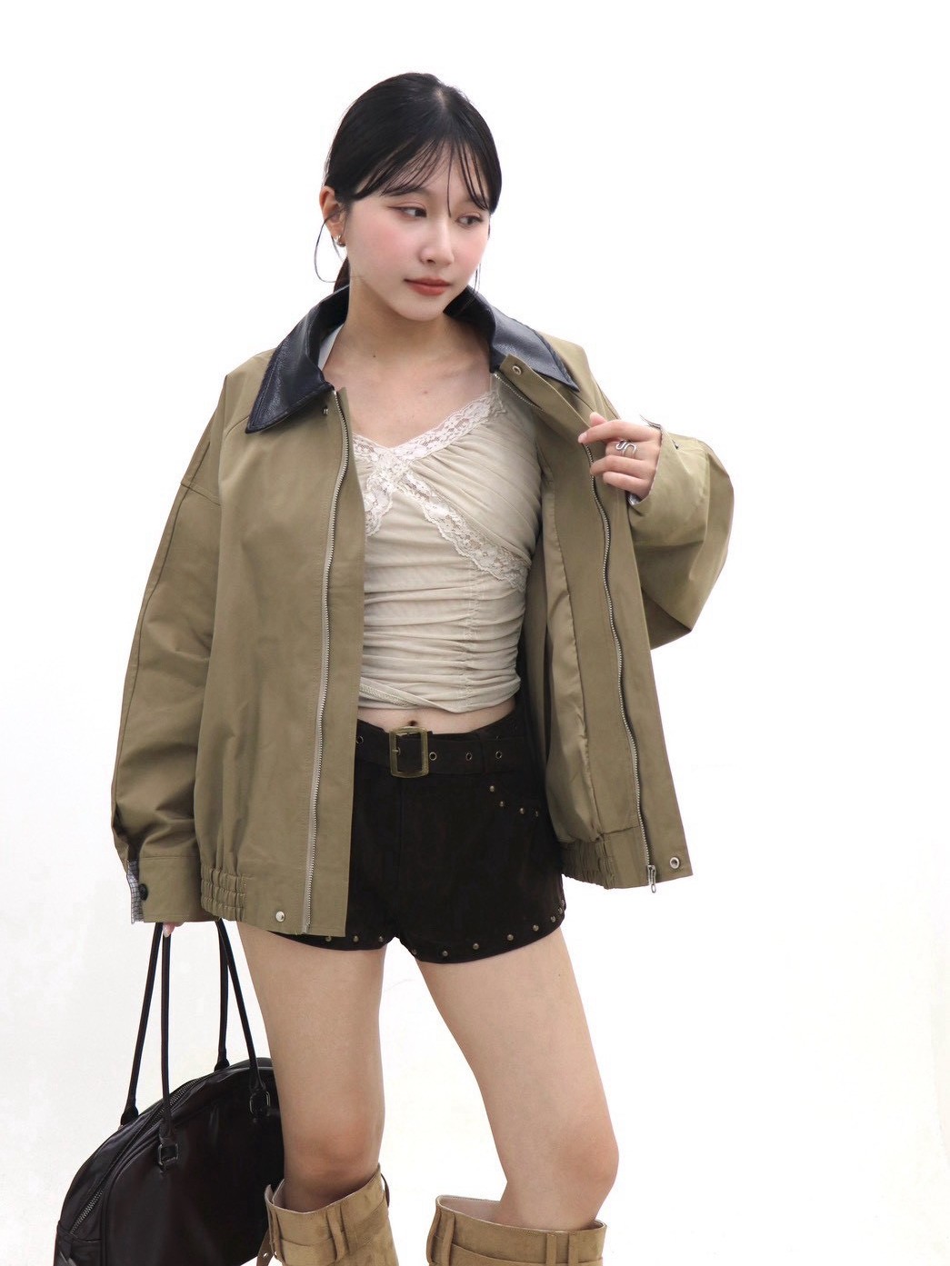 皮革領拼接滑面夾克