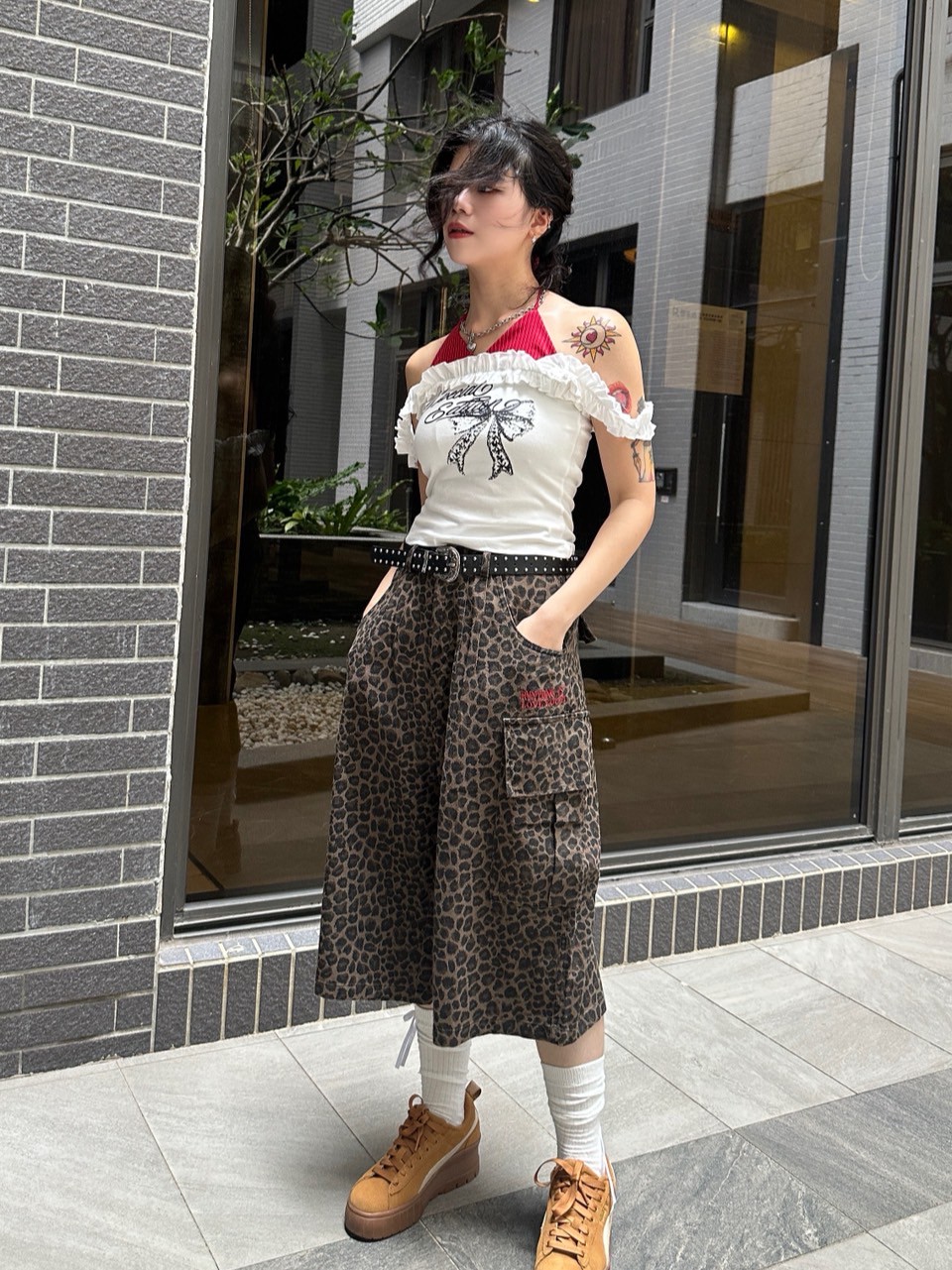 經典豹紋寬版七分褲(附皮帶)