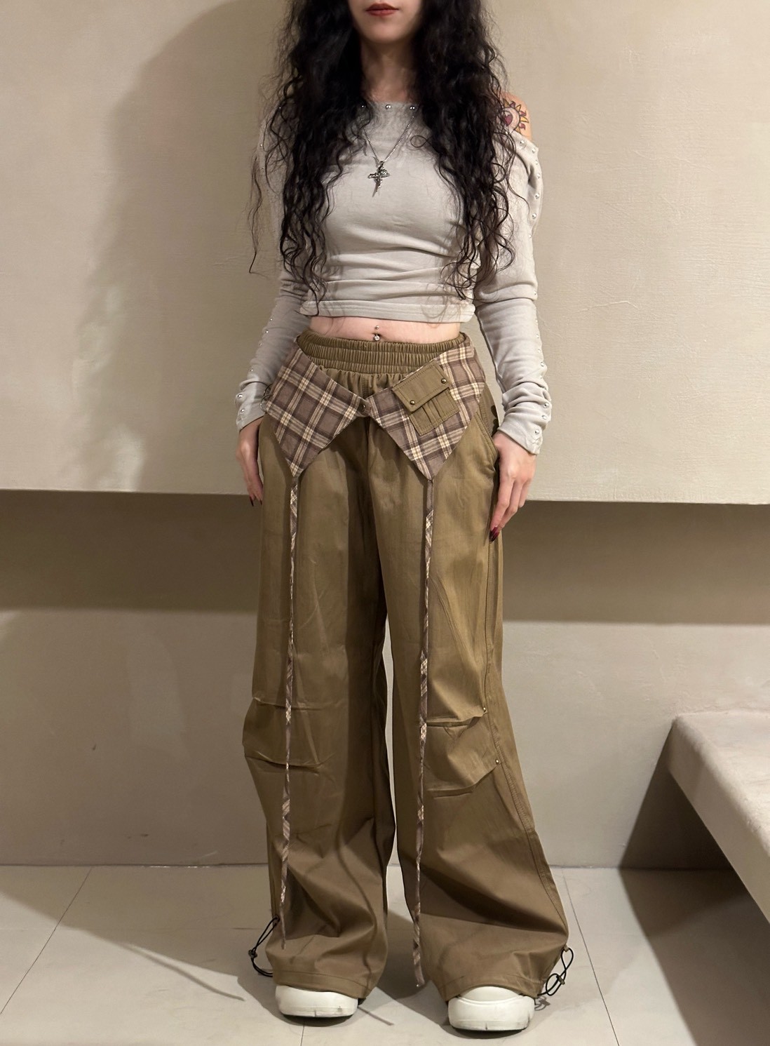 格紋拼接厚磅休閒褲