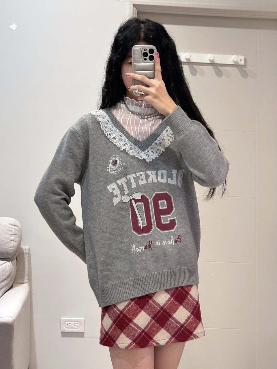 蕾絲滾邊oversized針織毛衣