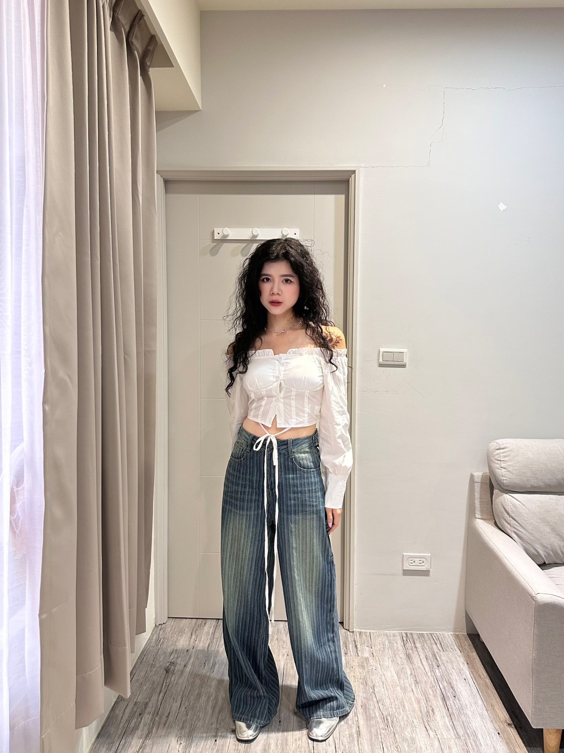 直條紋調節牛仔褲